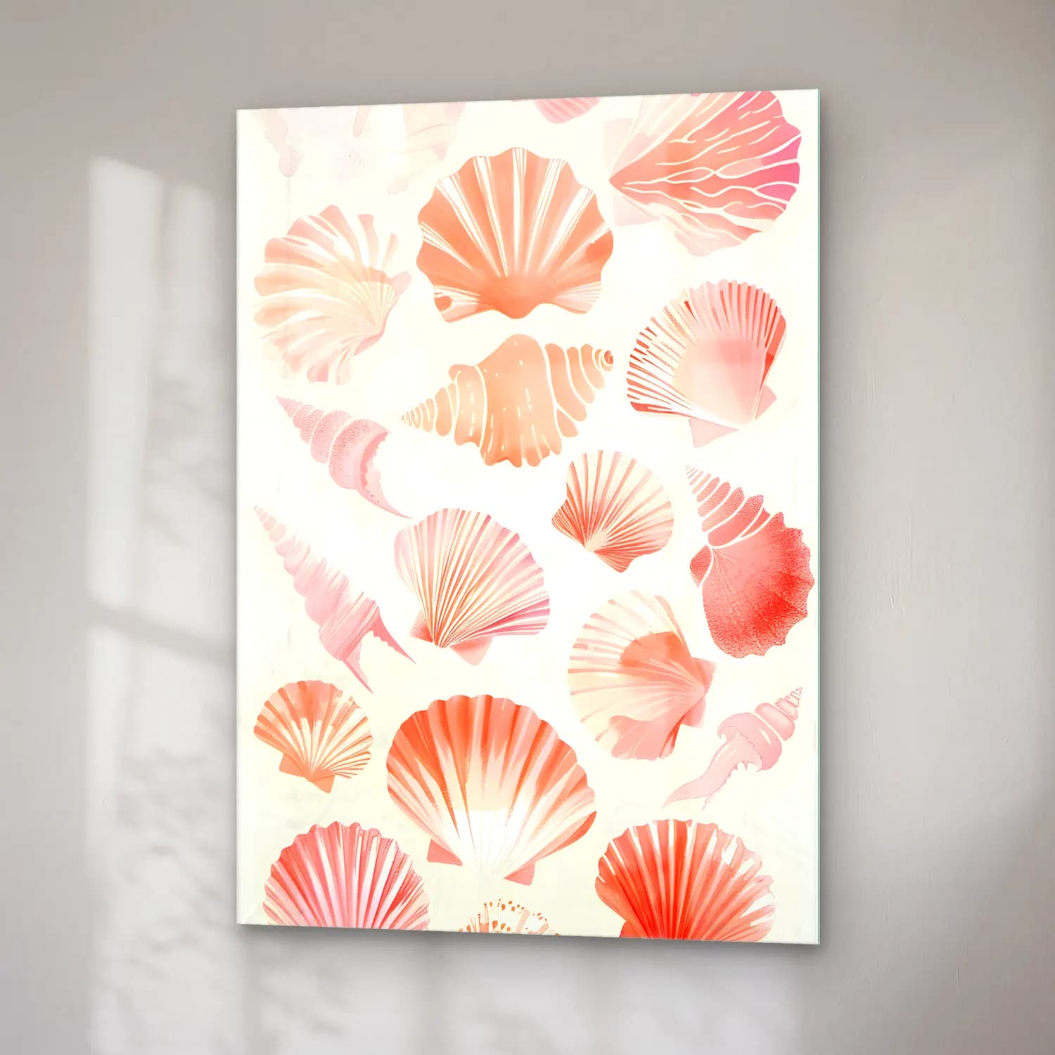 Pastel Deniz Kabukları No. 9 cam tablo — sağ açıdan görünüm