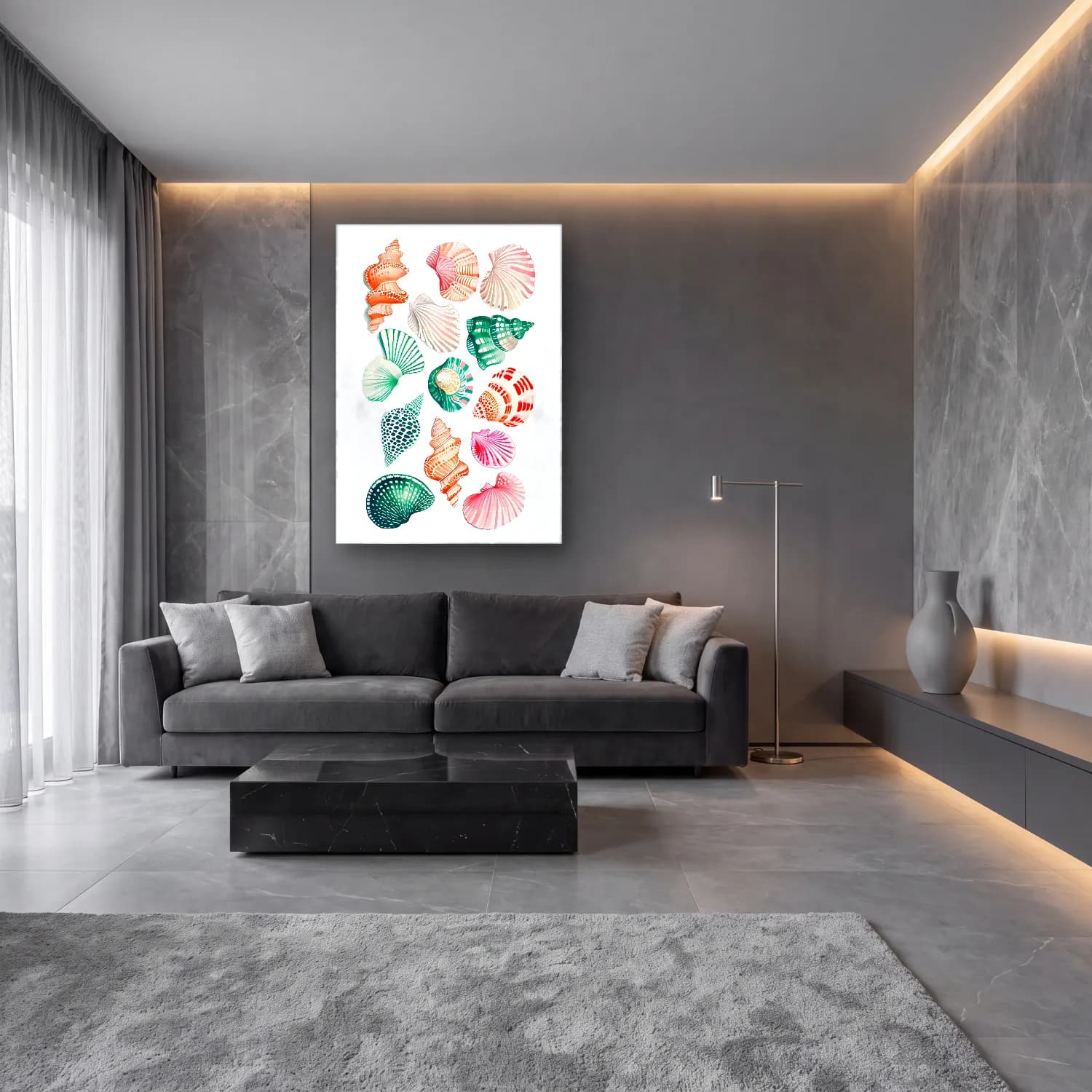 Pastel Deniz Kabukları No. 10 cam tablo — lüks salon duvarında