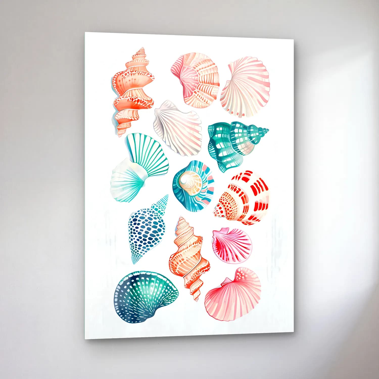 Pastel Deniz Kabukları No. 10 cam tablo — sol açıdan görünüm