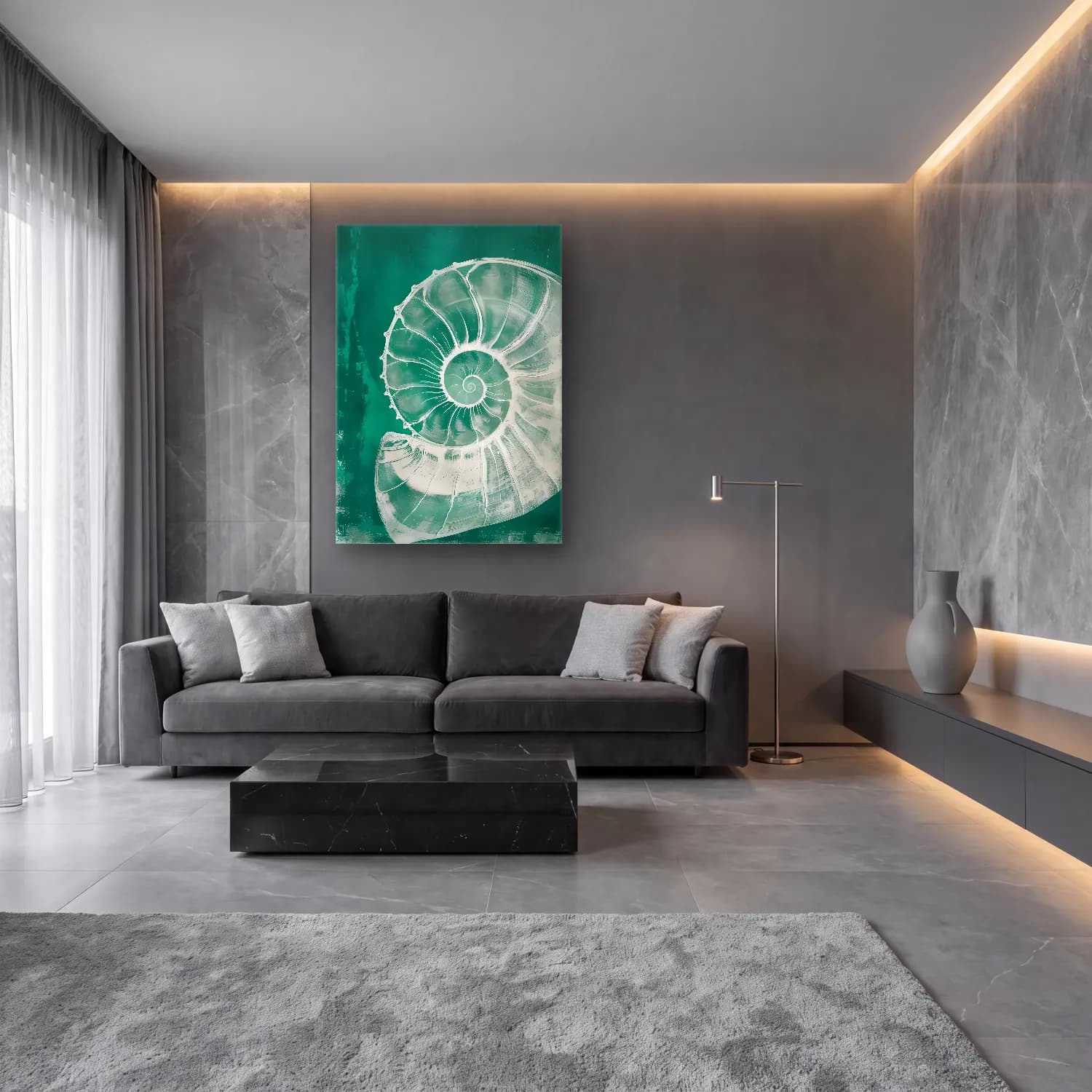 Modern Soyut Denizanası cam tablo — lüks salon duvarında