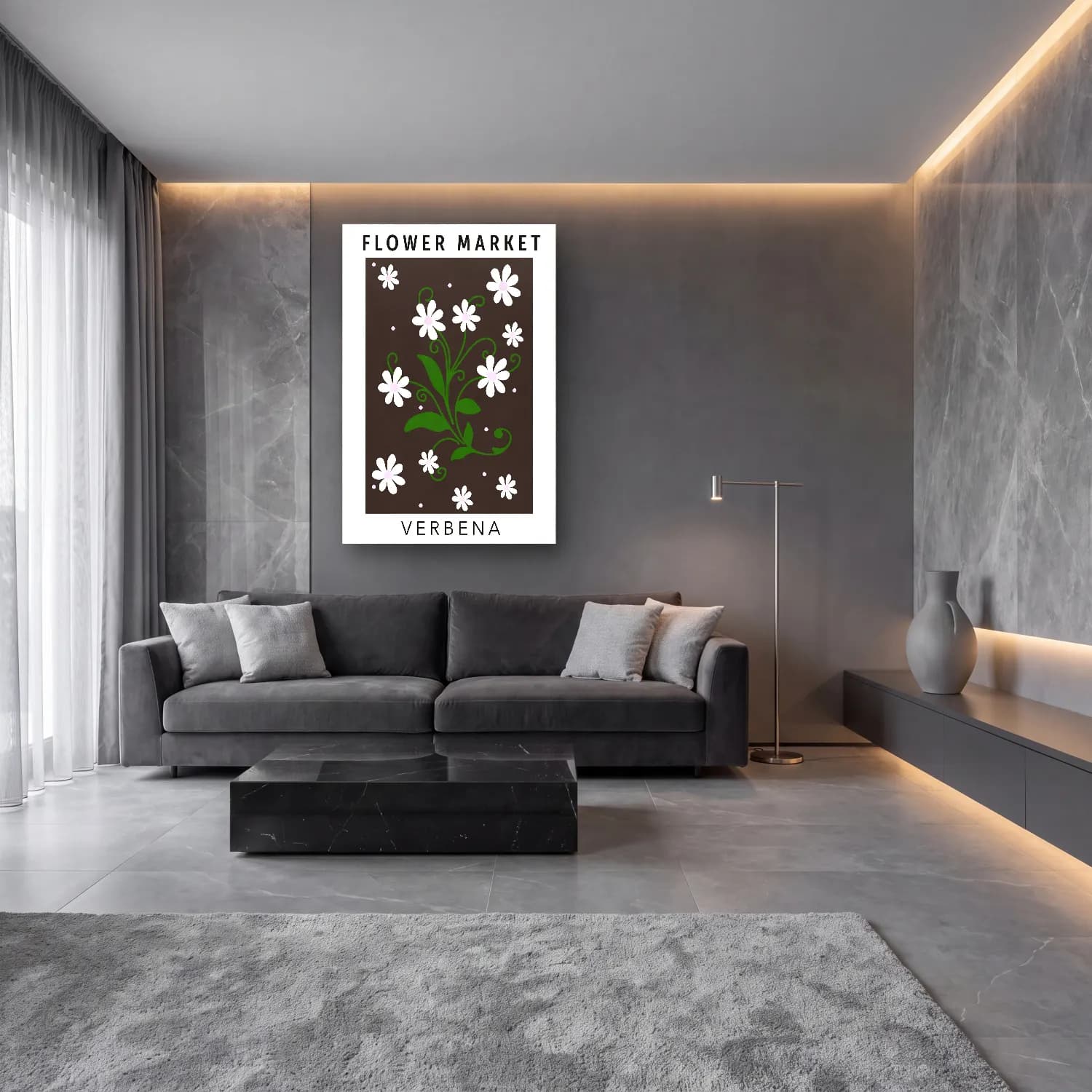 Siyah Beyaz Çiçek Deseni No. 5 cam tablo — lüks salon duvarında