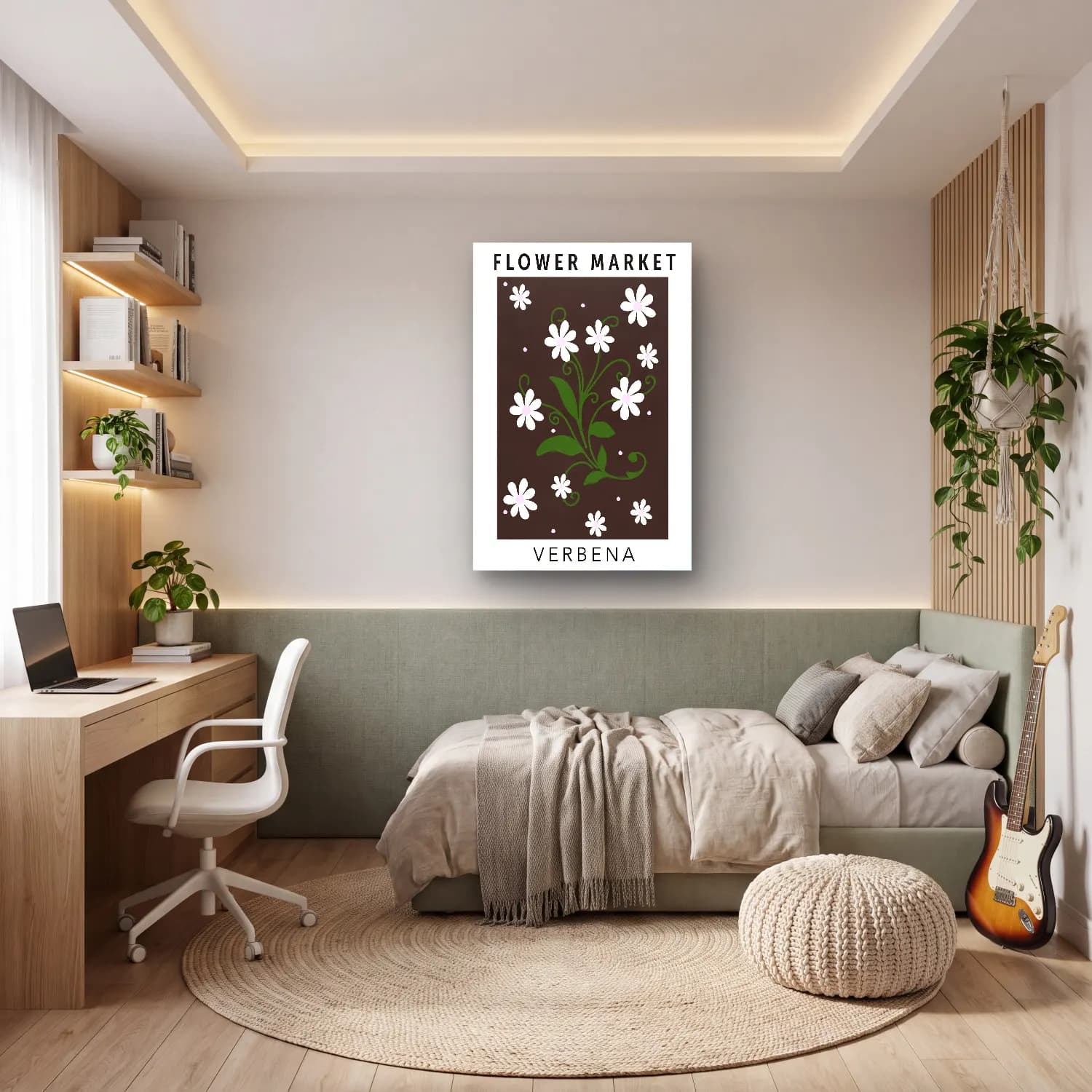 Siyah Beyaz Çiçek Deseni No. 5 cam tablo — genç odasında