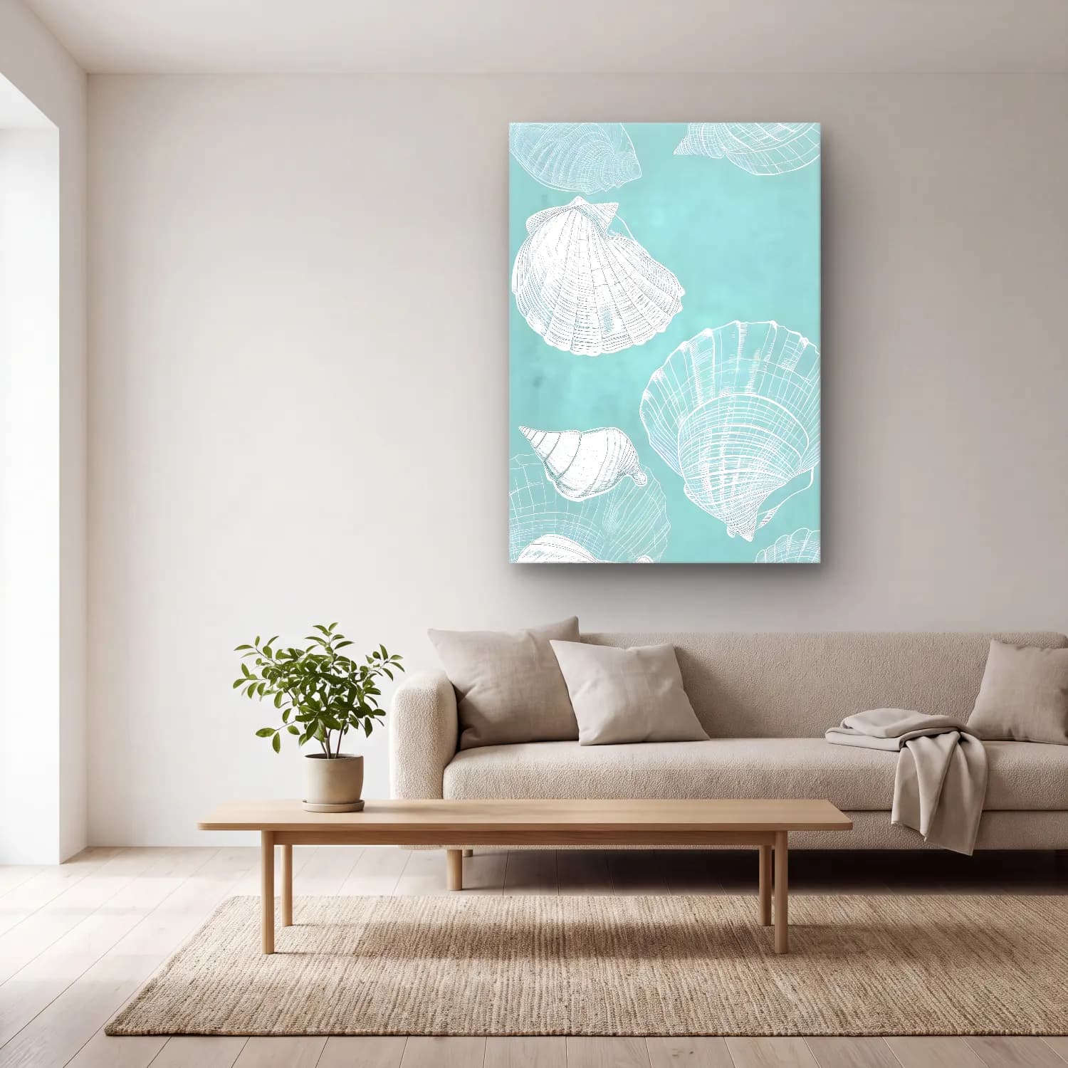 Pastel Deniz Kabukları No. 11 cam tablo — açık renk salonda