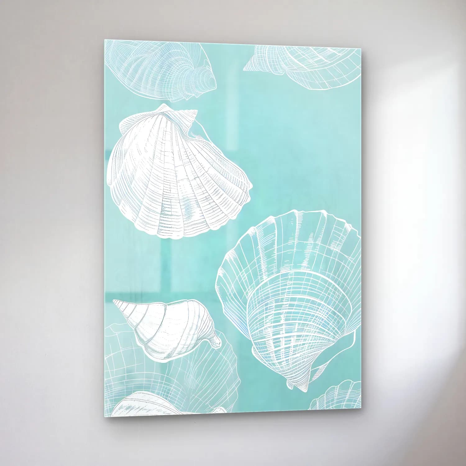 Pastel Deniz Kabukları No. 11 cam tablo — sol açıdan görünüm