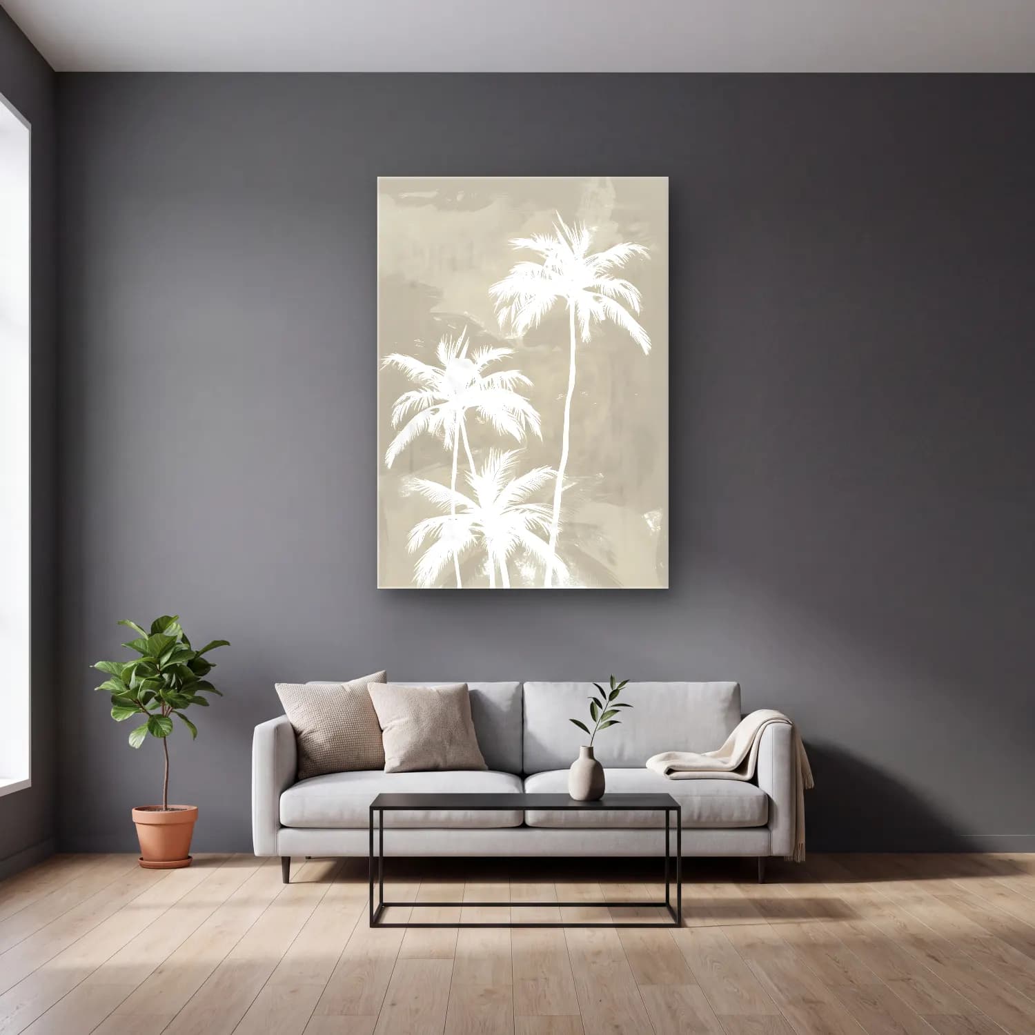 Siyah Beyaz Palmiyeli Tropik Sahil cam tablo — gri duvarlı salonda