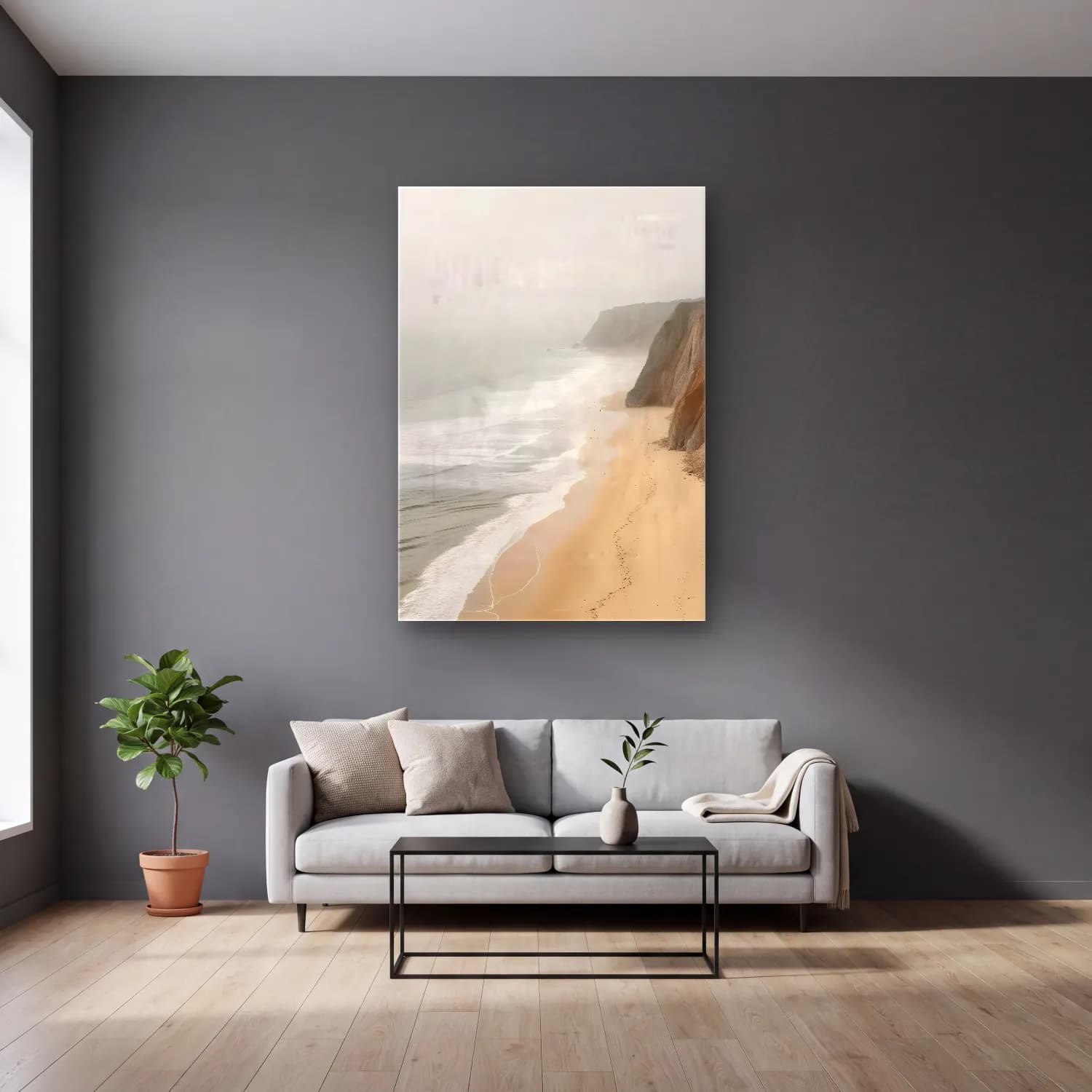 Pastel Dalgalı Sahil No. 5 cam tablo — gri duvarlı salonda