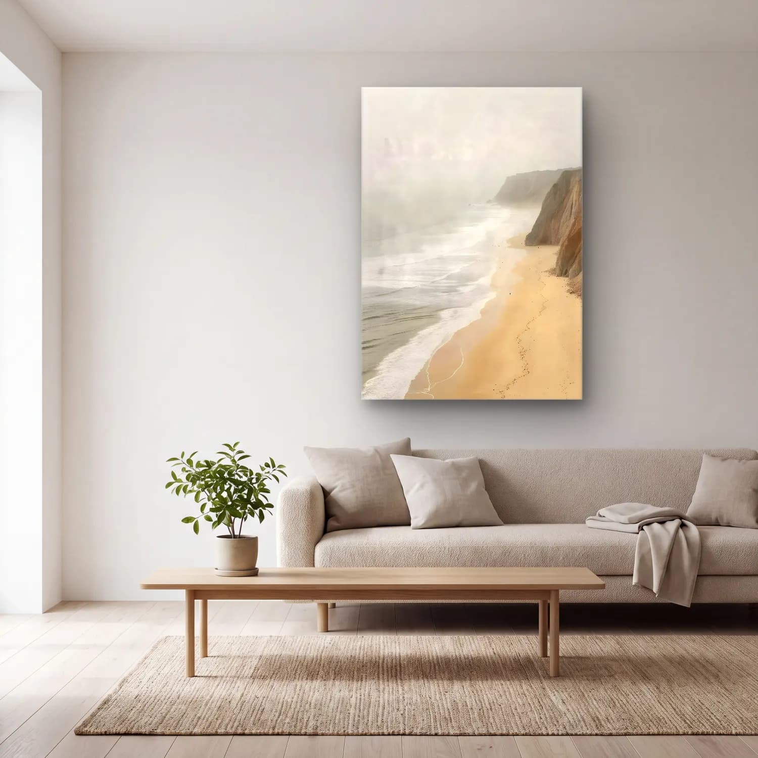 Pastel Dalgalı Sahil No. 5 cam tablo — açık renk salonda