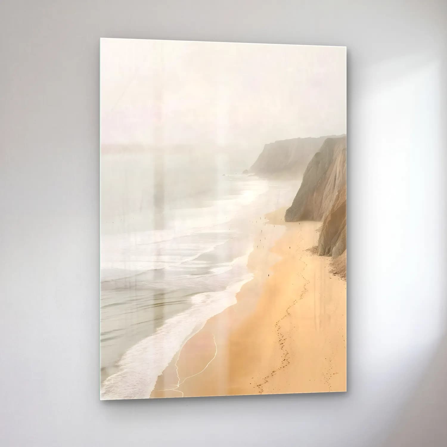 Pastel Dalgalı Sahil No. 5 cam tablo — sol açıdan görünüm