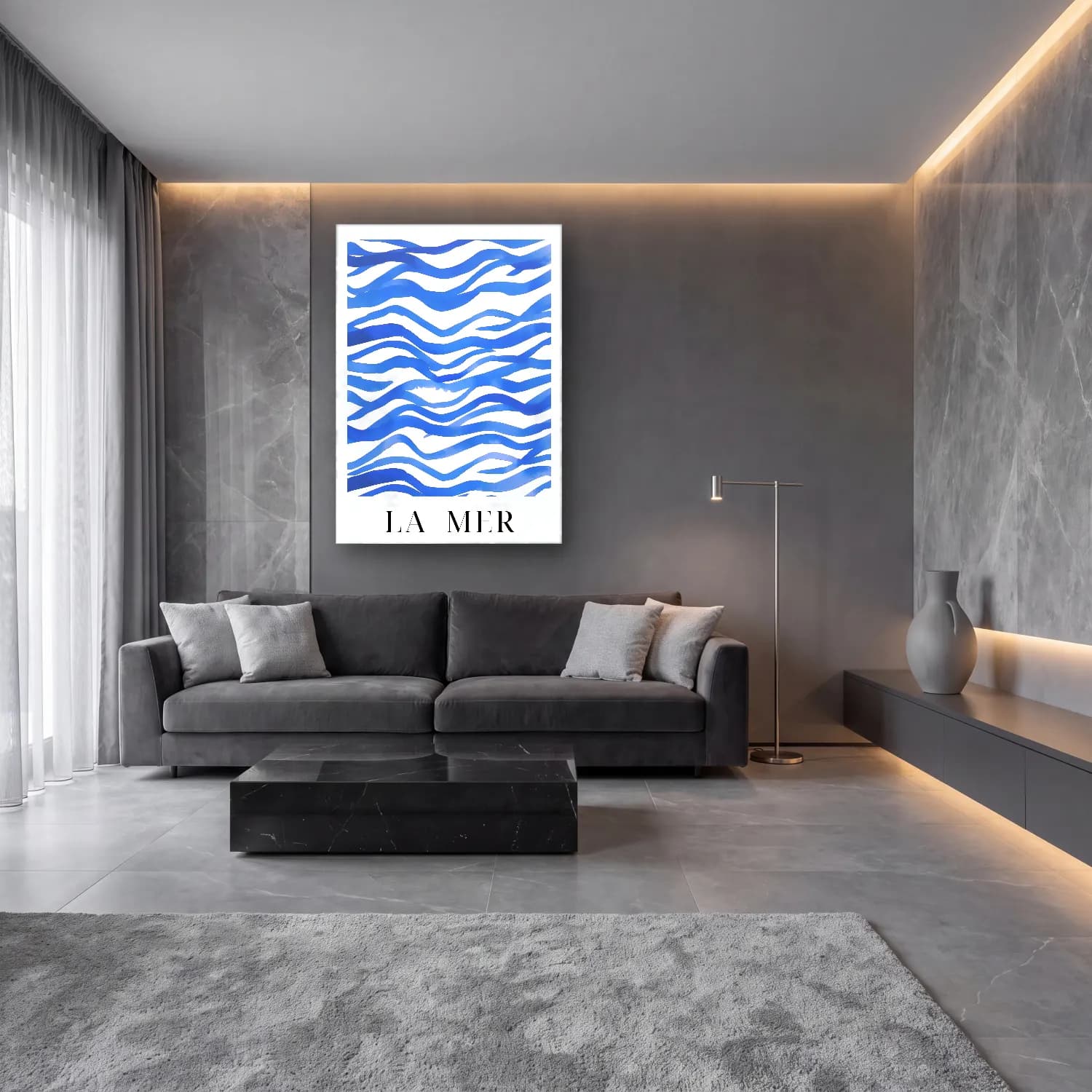 Boho Dalgalı Çizgiler No. 4 cam tablo — lüks salon duvarında