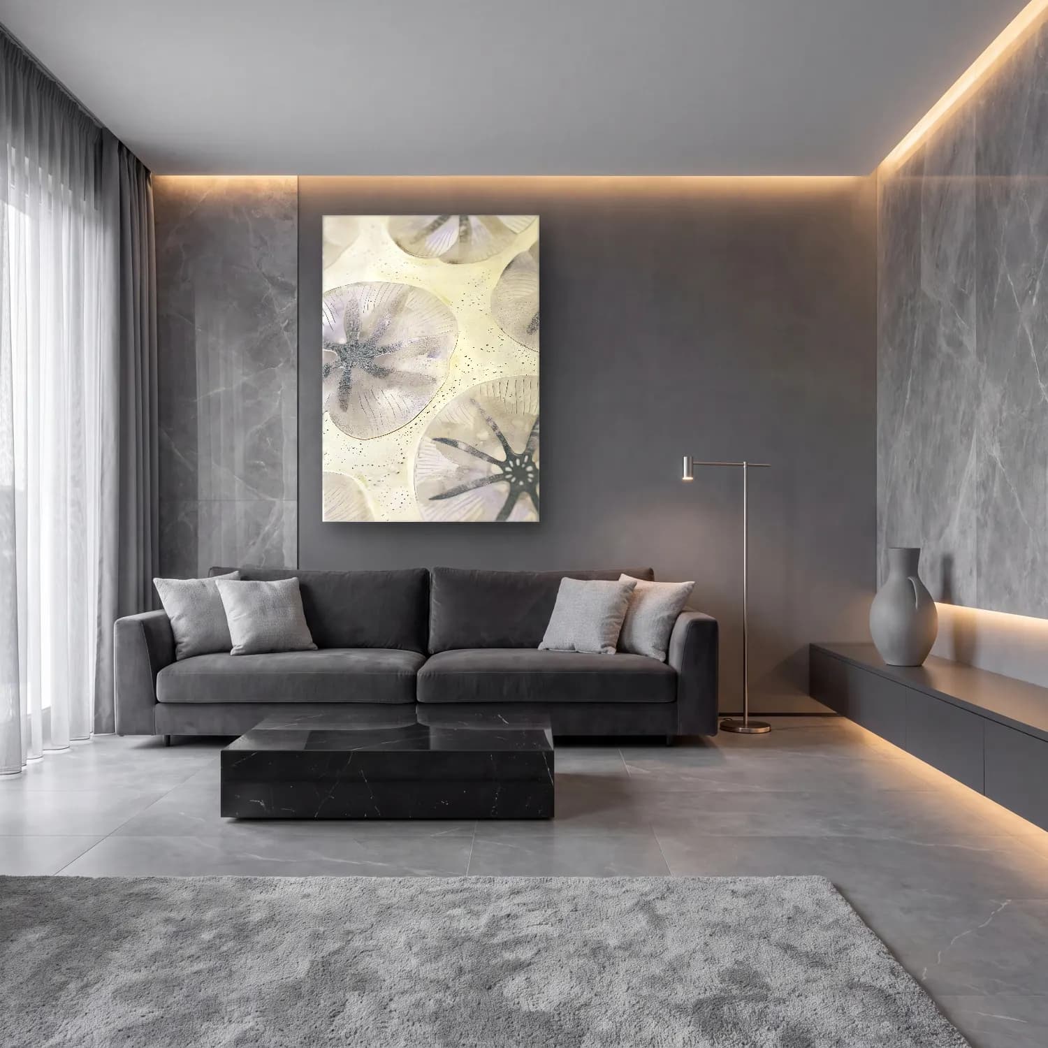Modern Soyut Çiçek Deseni – Siyah Beyaz Tonlar cam tablo — lüks salon duvarında