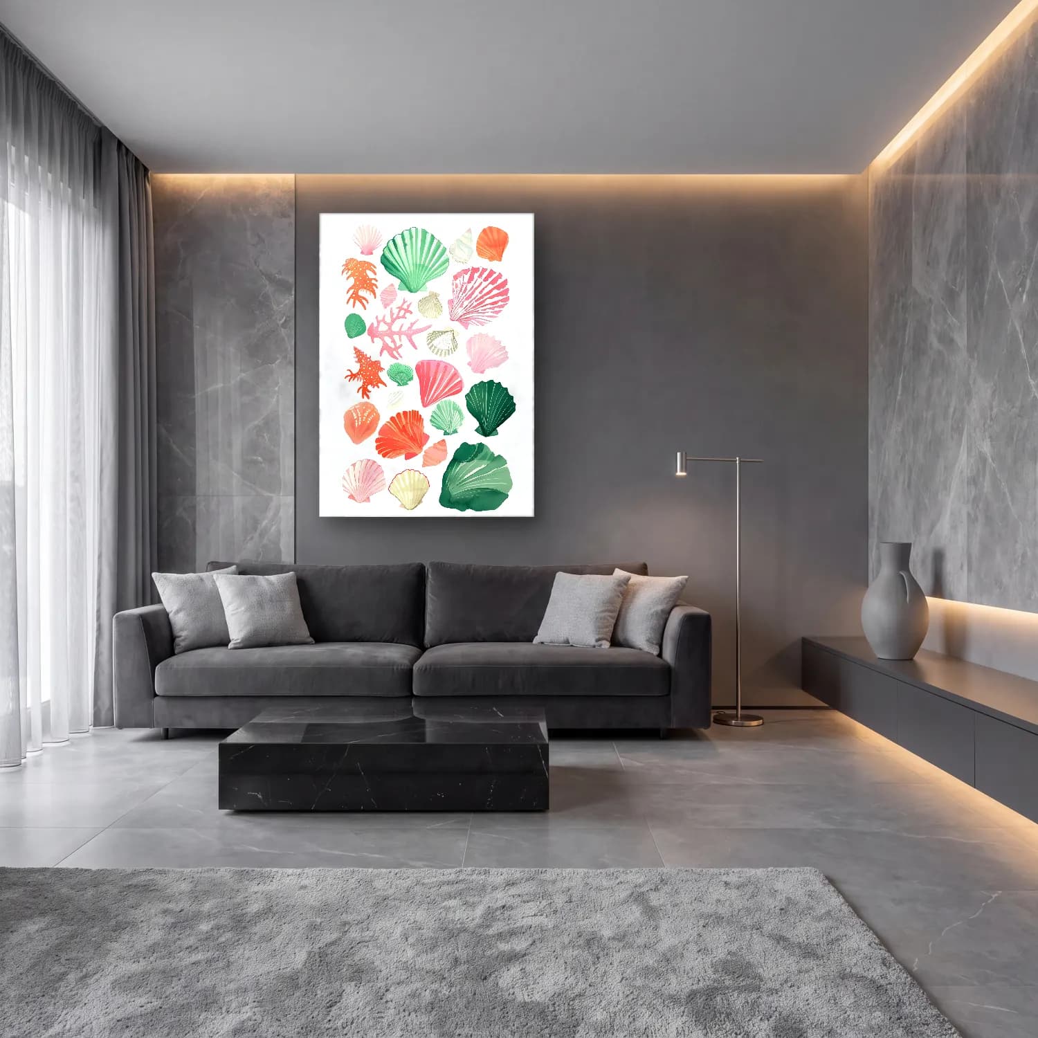Pastel Deniz Kabukları No. 12 cam tablo — lüks salon duvarında