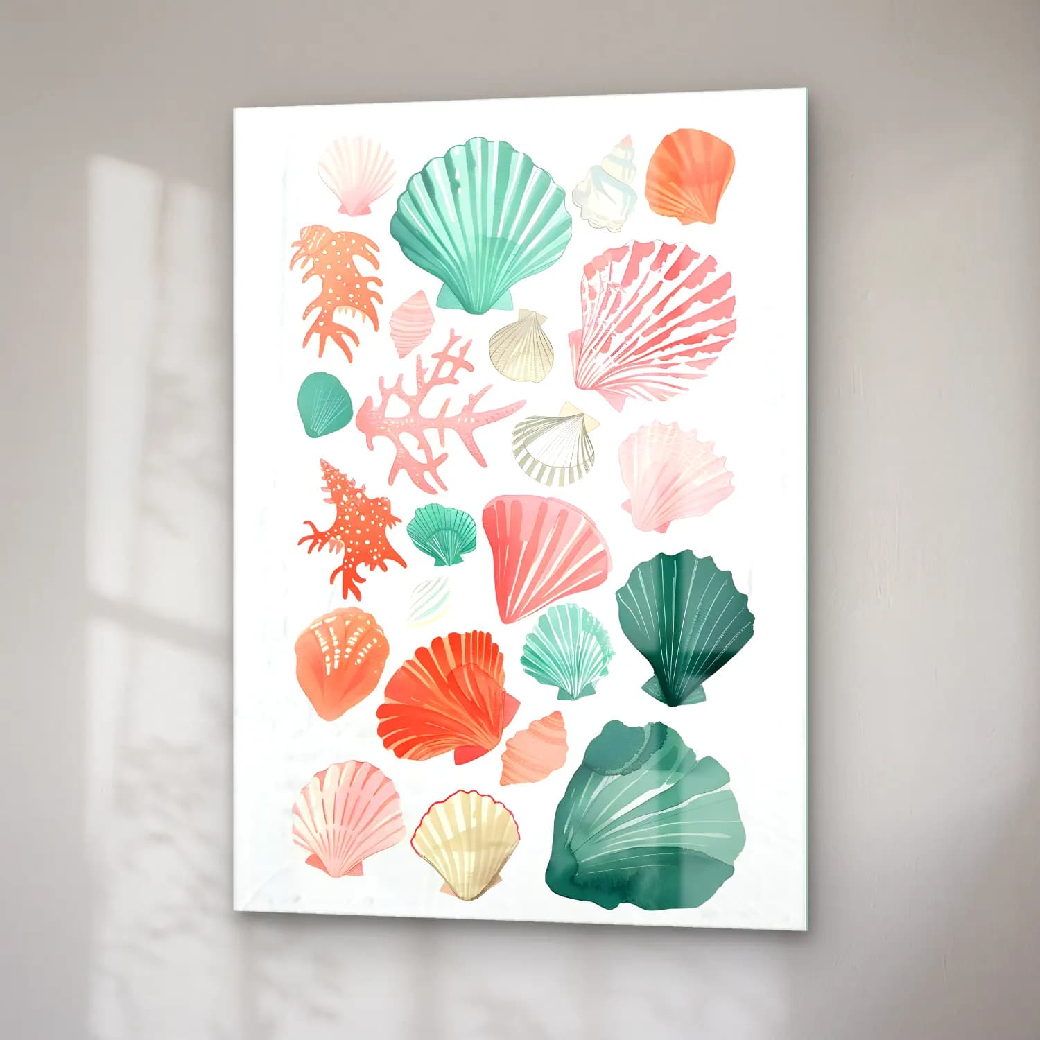 Pastel Deniz Kabukları No. 12 cam tablo — sağ açıdan görünüm