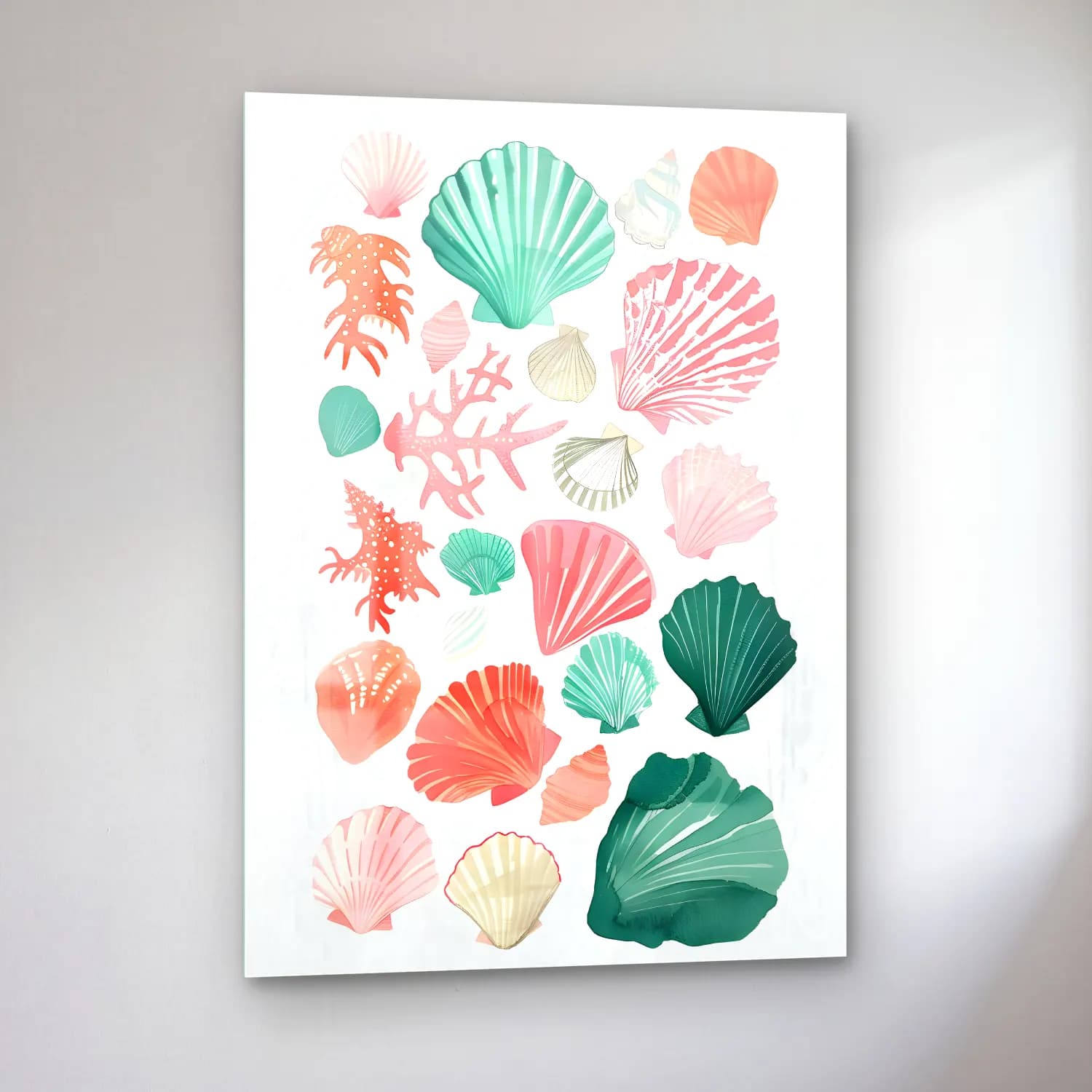 Pastel Deniz Kabukları No. 12 cam tablo — sol açıdan görünüm