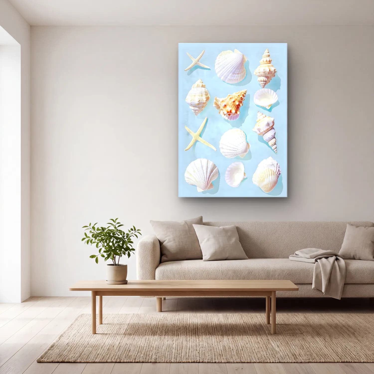 Pastel Deniz Kabukları No. 13 cam tablo — açık renk salonda