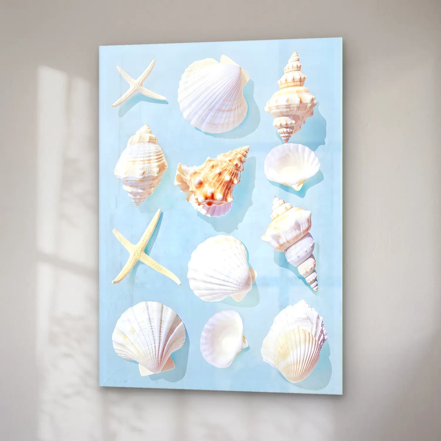 Pastel Deniz Kabukları No. 13 cam tablo — sağ açıdan görünüm