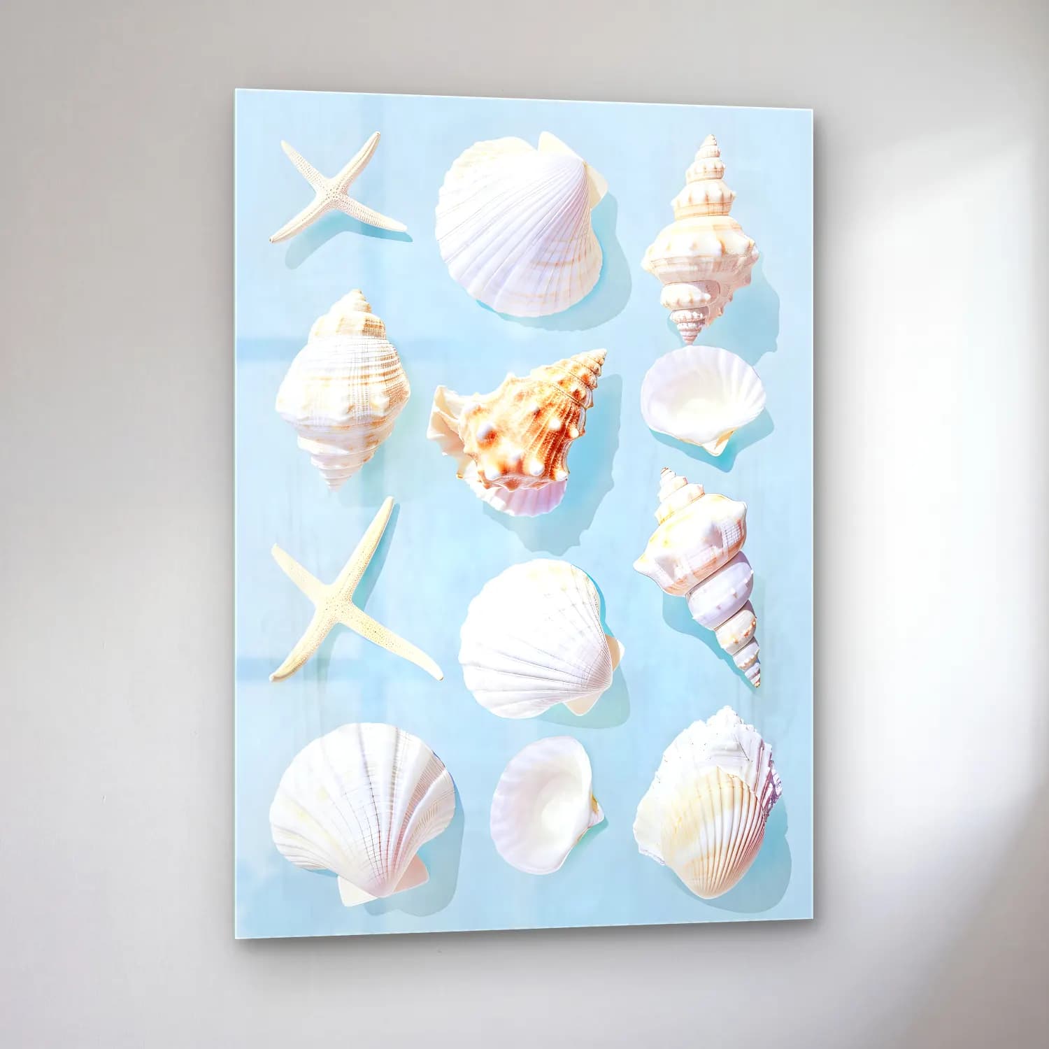 Pastel Deniz Kabukları No. 13 cam tablo — sol açıdan görünüm