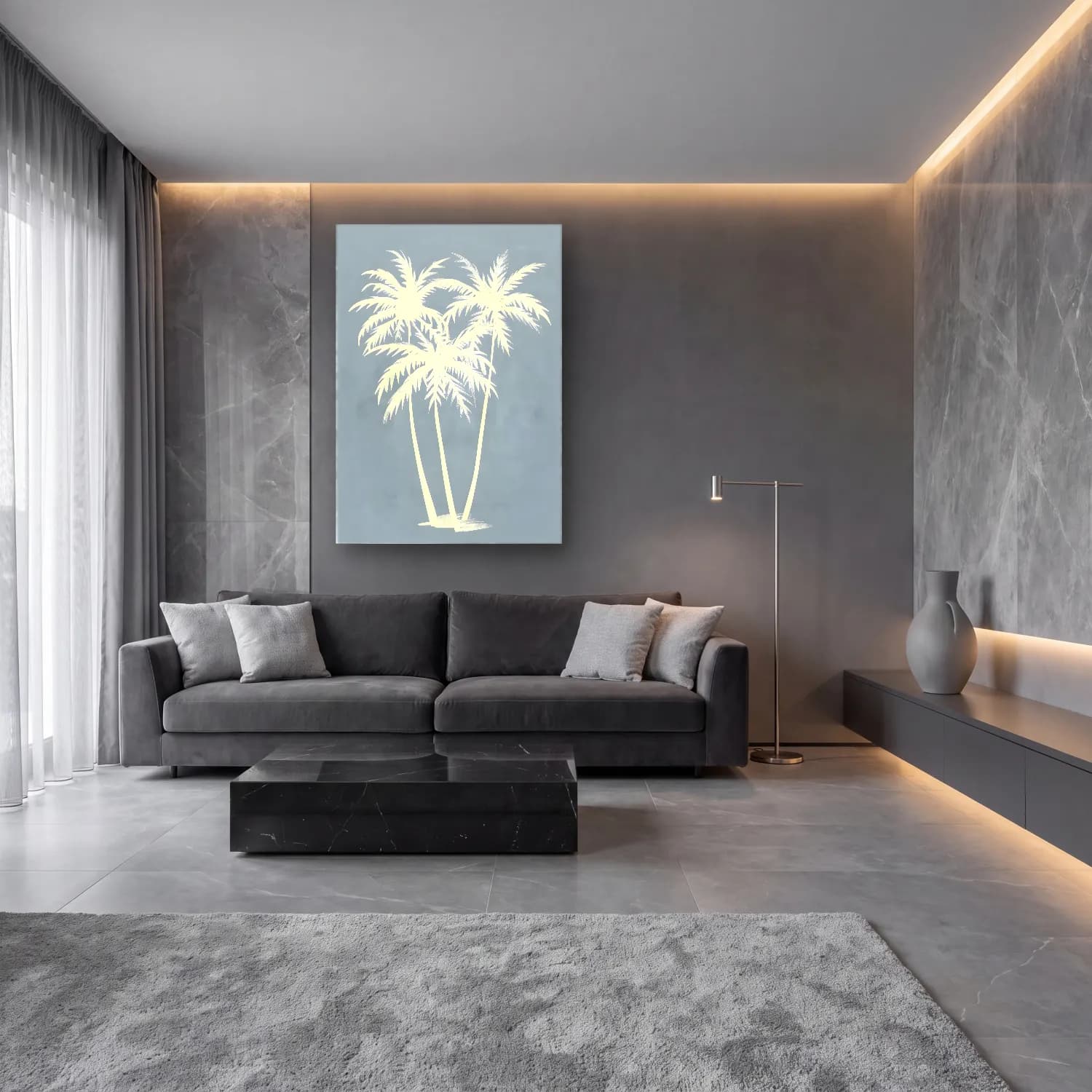 Pastel Palmiyeli Tropik Sahil No. 11 cam tablo — lüks salon duvarında