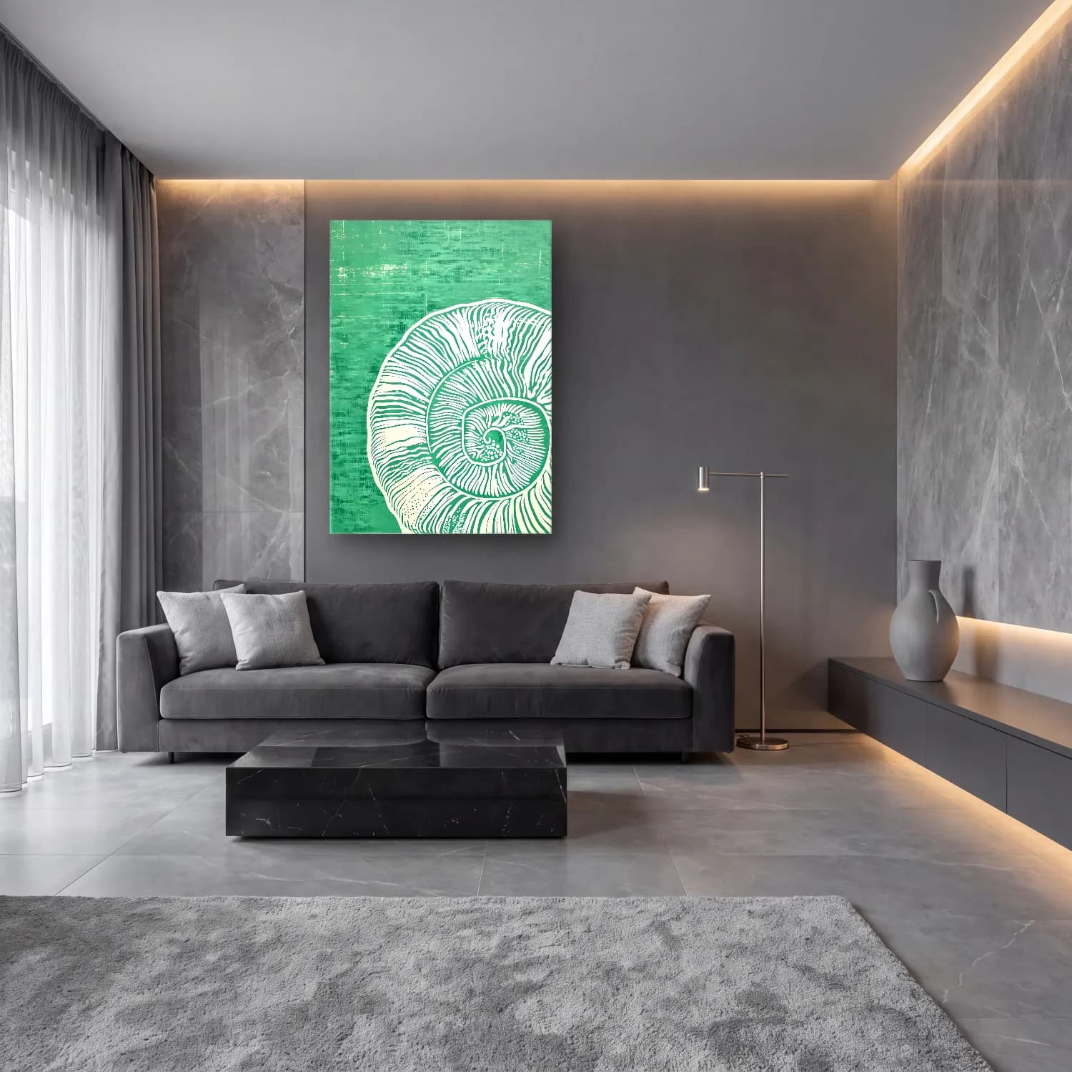 Boho Deniz Kabukları cam tablo — lüks salon duvarında