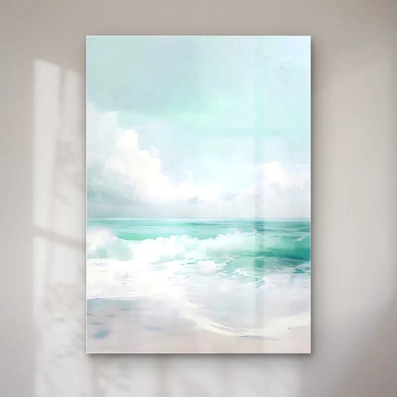 Pastel Dalgalı Sahil – Turkuaz Tonlar cam tablo — Pastel Dalgalı Sahil – Turkuaz Tonlar — pastel dalgalı sahil