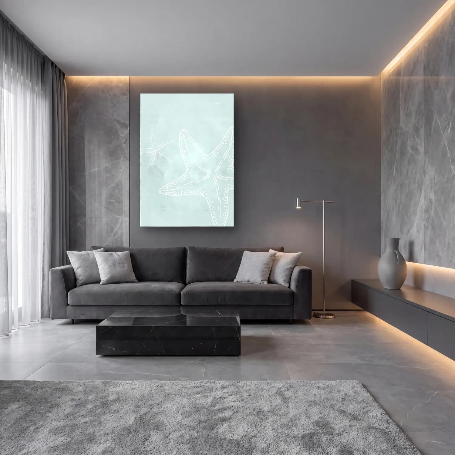 Pastel Deniz Kabukları No. 16 cam tablo — lüks salon duvarında