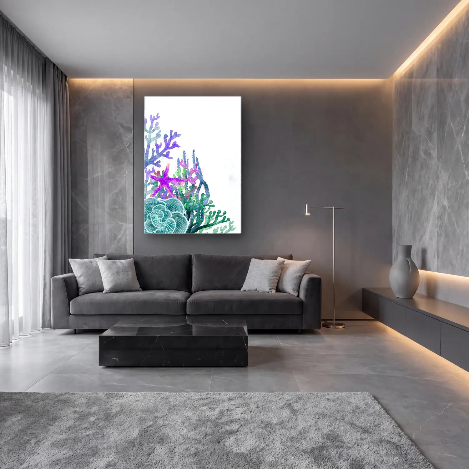 Suluboya Çiçek Deseni – Pembe Tonlar cam tablo — lüks salon duvarında