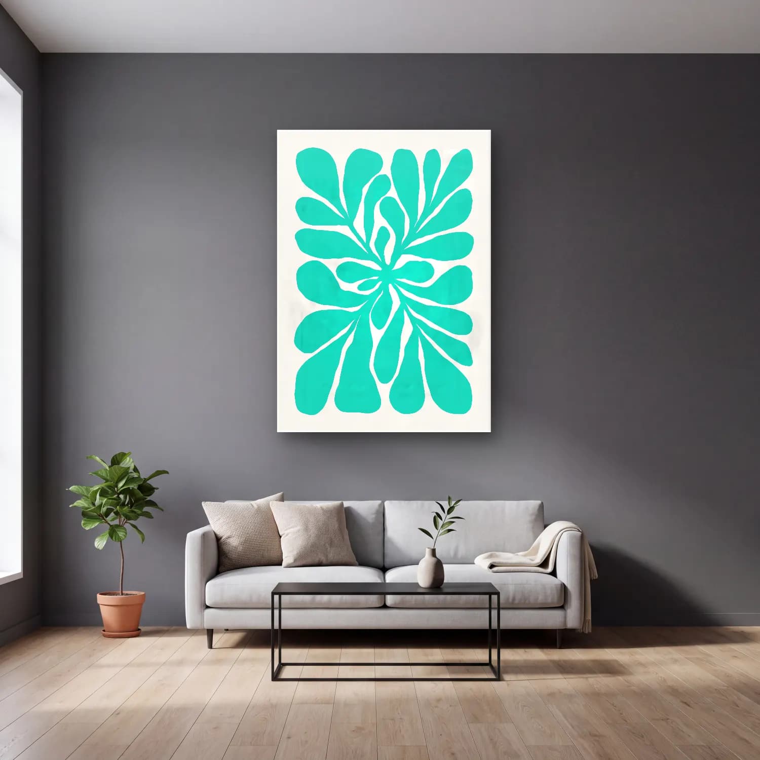 Boho Çiçek Deseni No. 12 cam tablo — gri duvarlı salonda