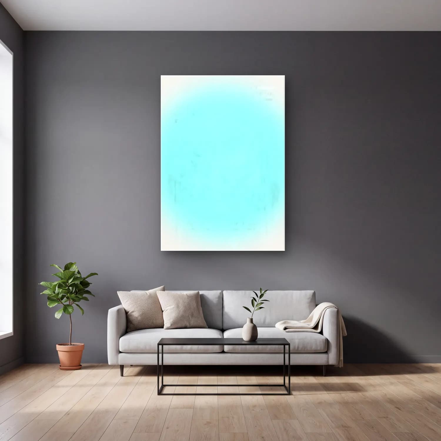 Pastel Renk Alanları No. 42 cam tablo — gri duvarlı salonda