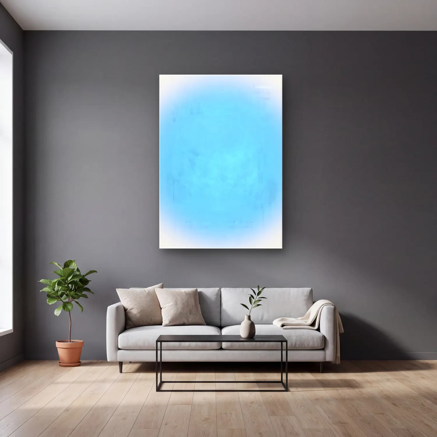 Pastel Renk Alanları No. 43 cam tablo — gri duvarlı salonda