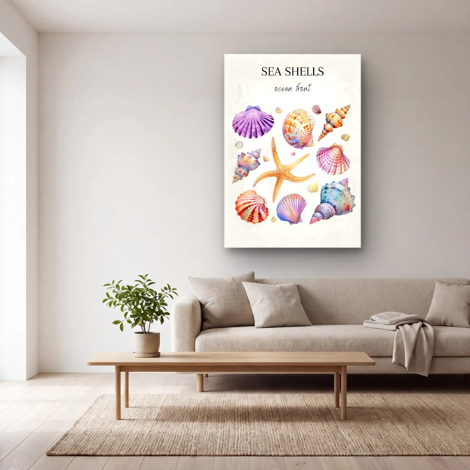 Pastel Deniz Kabukları No. 18 cam tablo — açık renk salonda