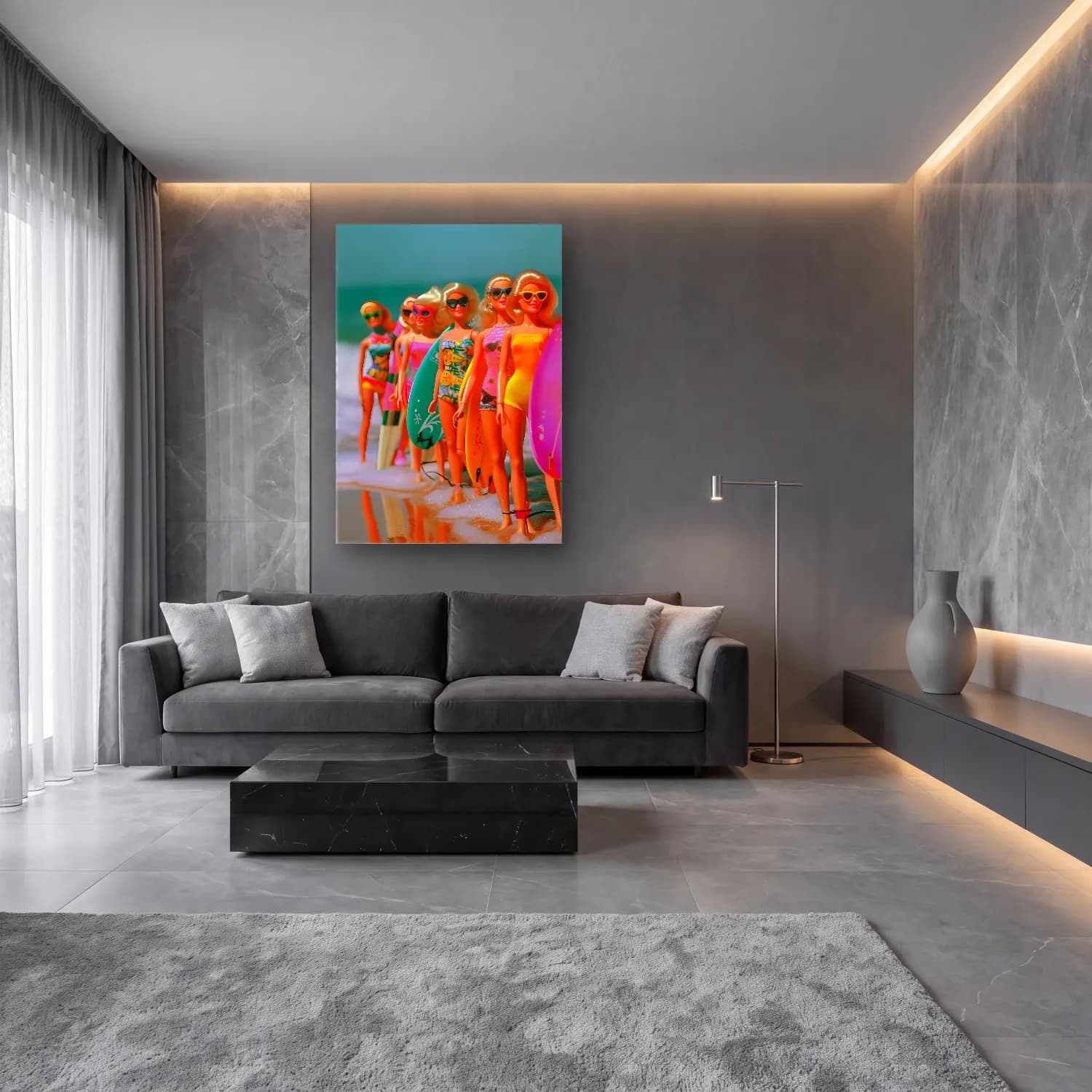 Retro Sahilde İnsanlar – Sarı Tonlar cam tablo — lüks salon duvarında