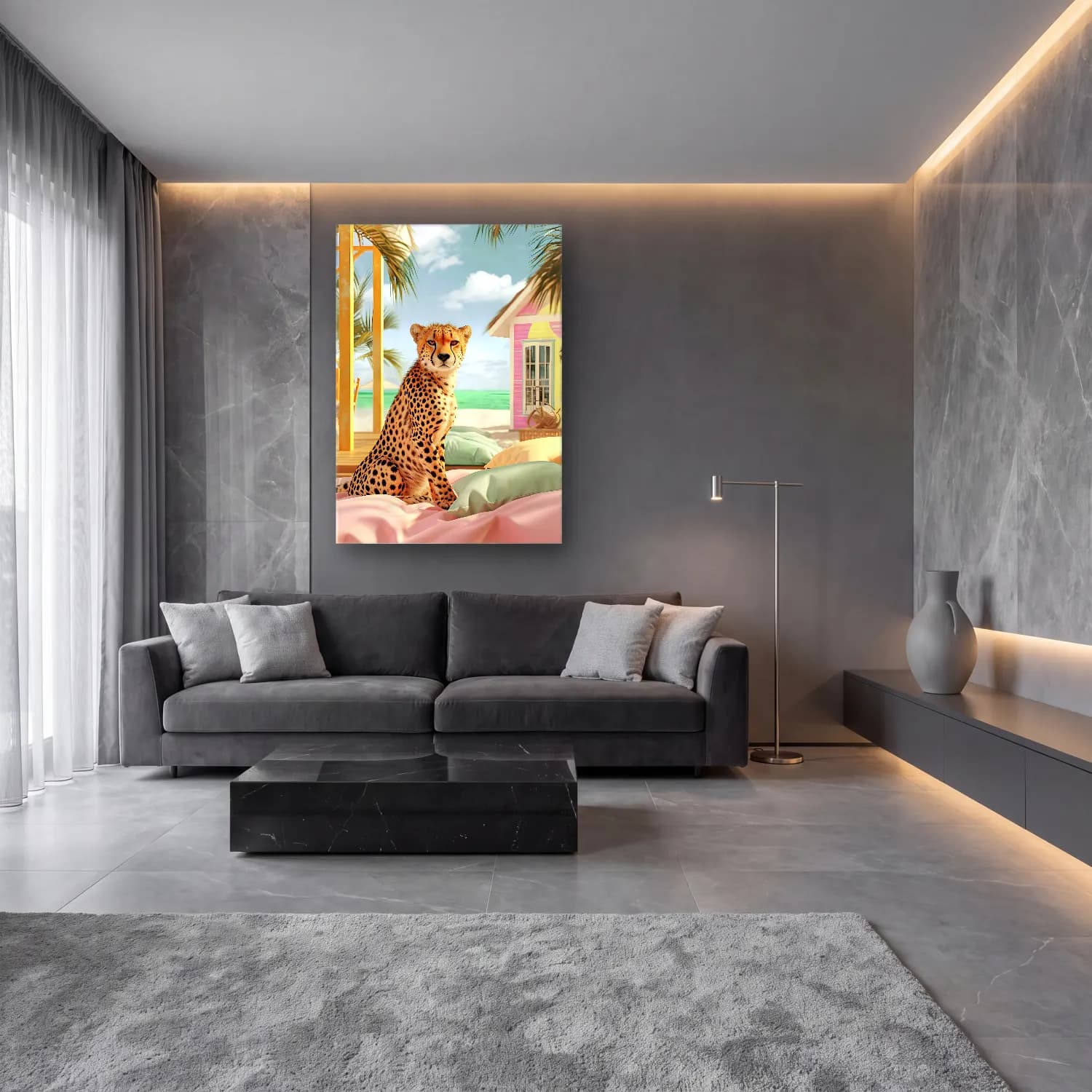 Pastel Leopar – Pastel Tonlar cam tablo — lüks salon duvarında