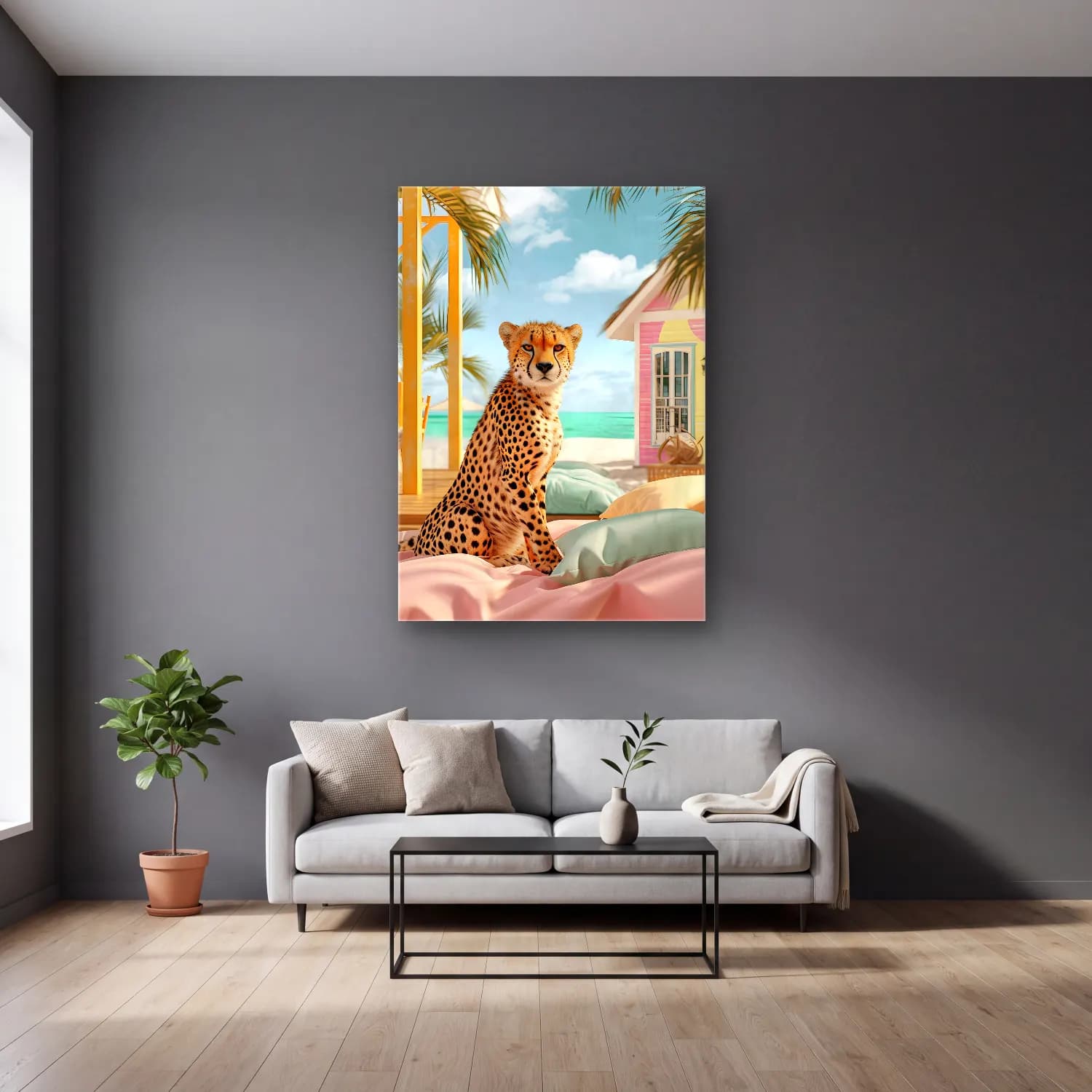 Pastel Leopar – Pastel Tonlar cam tablo — gri duvarlı salonda
