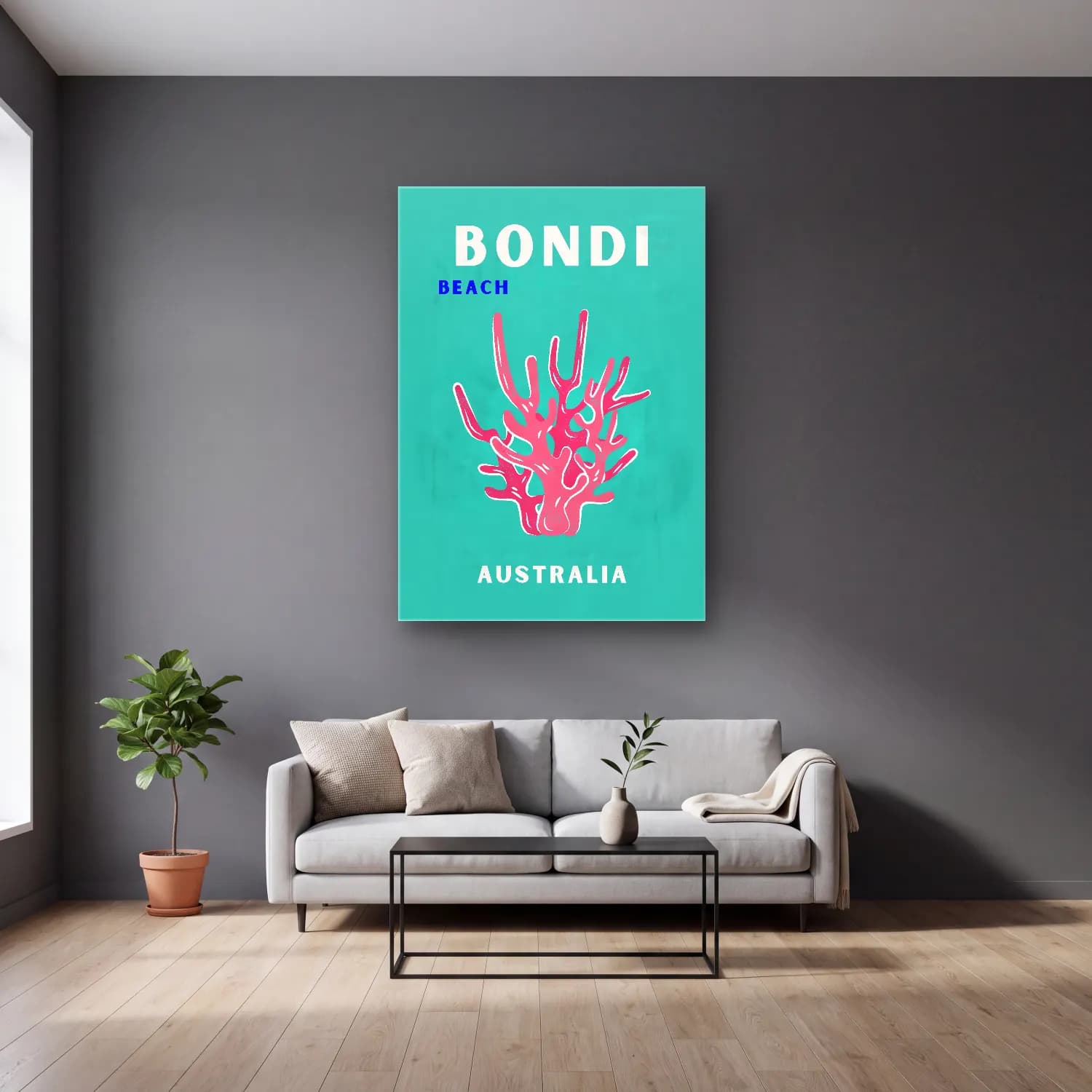 Pastel Sahilde İnsanlar – Pembe Tonlar cam tablo — gri duvarlı salonda