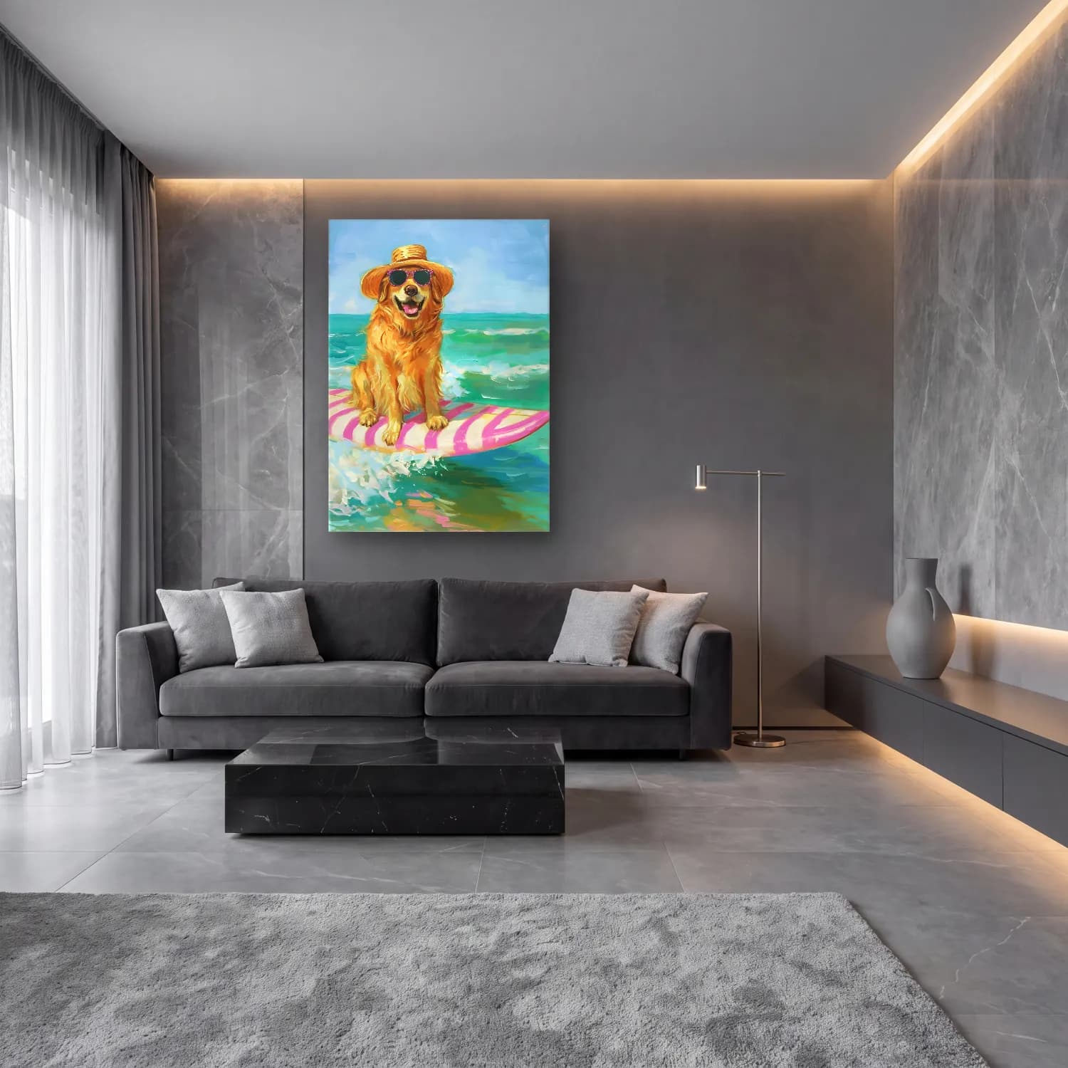 Sevimli İllüstrasyon Köpek No. 3 cam tablo — lüks salon duvarında