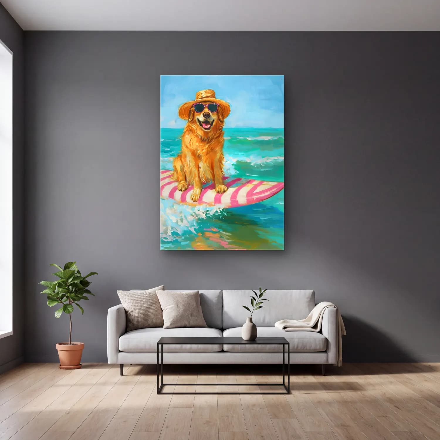 Sevimli İllüstrasyon Köpek No. 3 cam tablo — gri duvarlı salonda