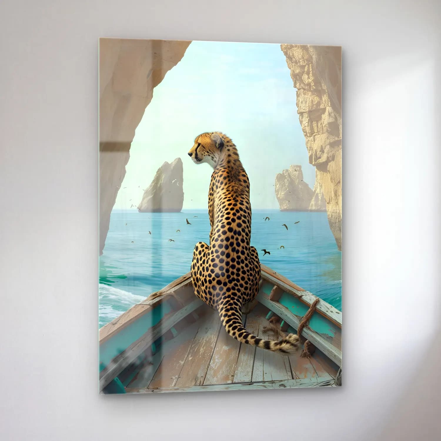 Yağlı Boya Leopar – Turkuaz Tonlar cam tablo — sol açıdan görünüm