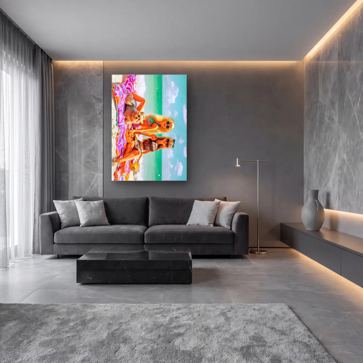 Pastel Sahilde İnsanlar No. 4 cam tablo — lüks salon duvarında