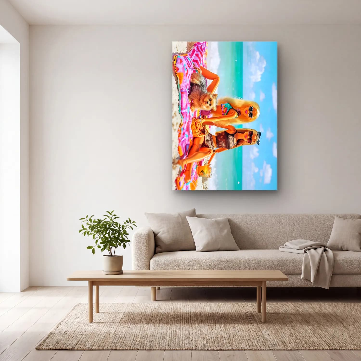 Pastel Sahilde İnsanlar No. 4 cam tablo — açık renk salonda