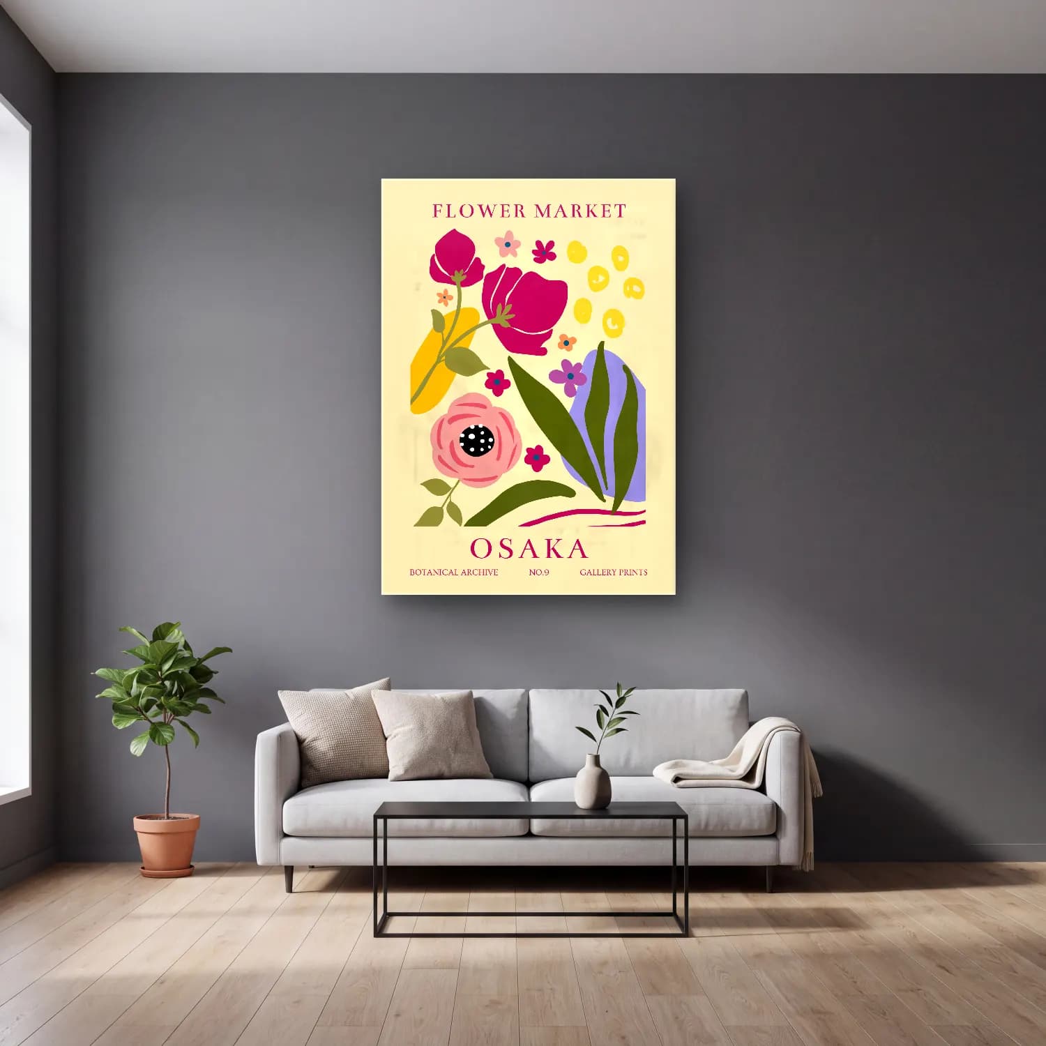 Boho Çiçek Deseni No. 50 cam tablo — gri duvarlı salonda