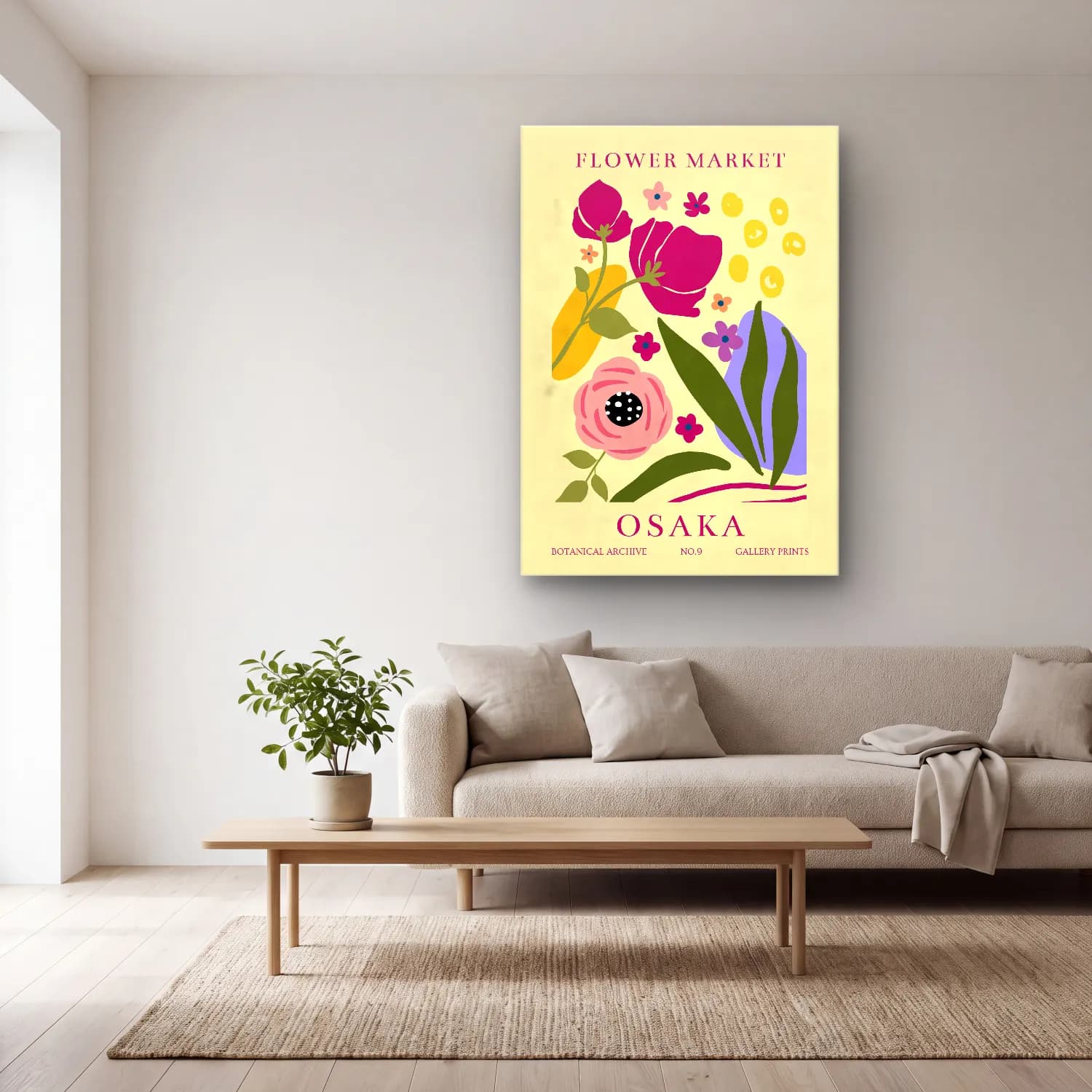 Boho Çiçek Deseni No. 50 cam tablo — açık renk salonda