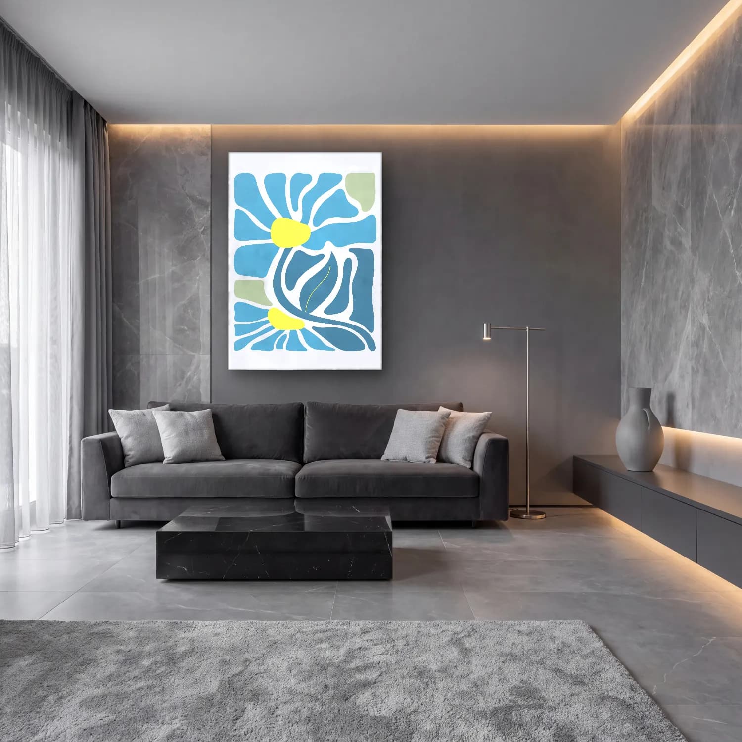 Boho Çiçek Deseni No. 14 cam tablo — lüks salon duvarında