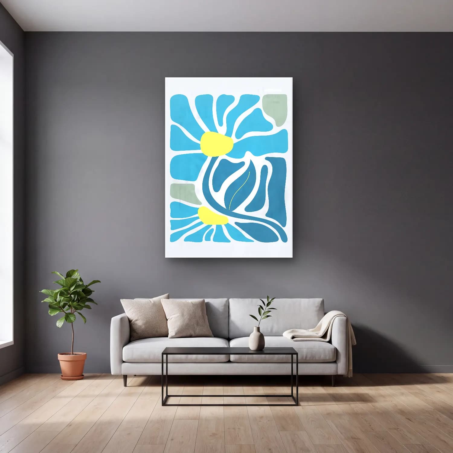 Boho Çiçek Deseni No. 14 cam tablo — gri duvarlı salonda