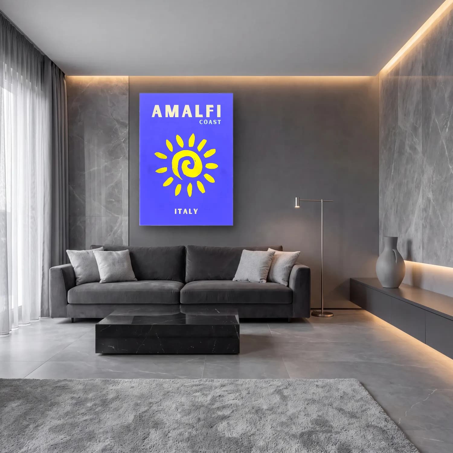 Maksimalist Sörf – Sarı Tonlar cam tablo — lüks salon duvarında