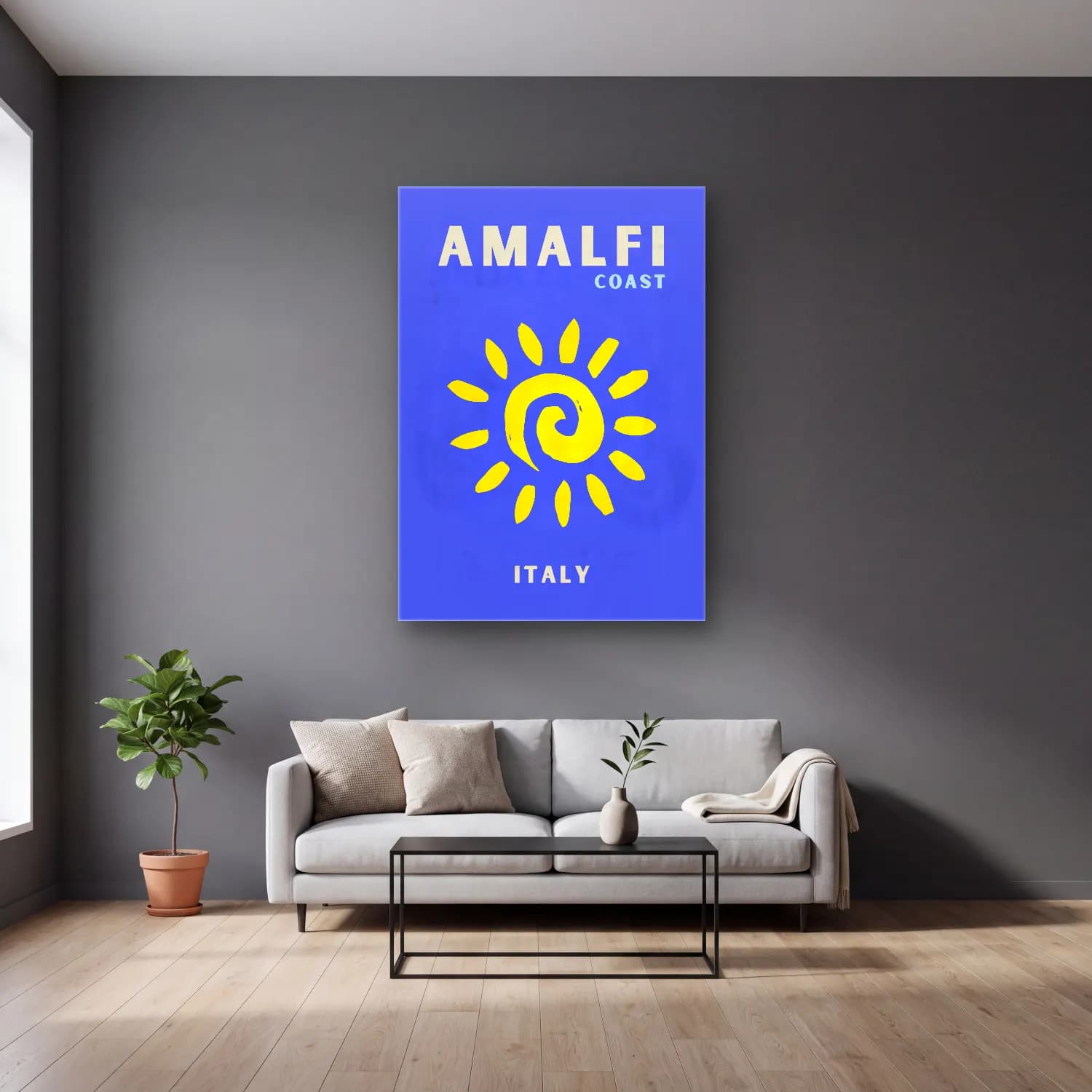 Maksimalist Sörf – Sarı Tonlar cam tablo — gri duvarlı salonda