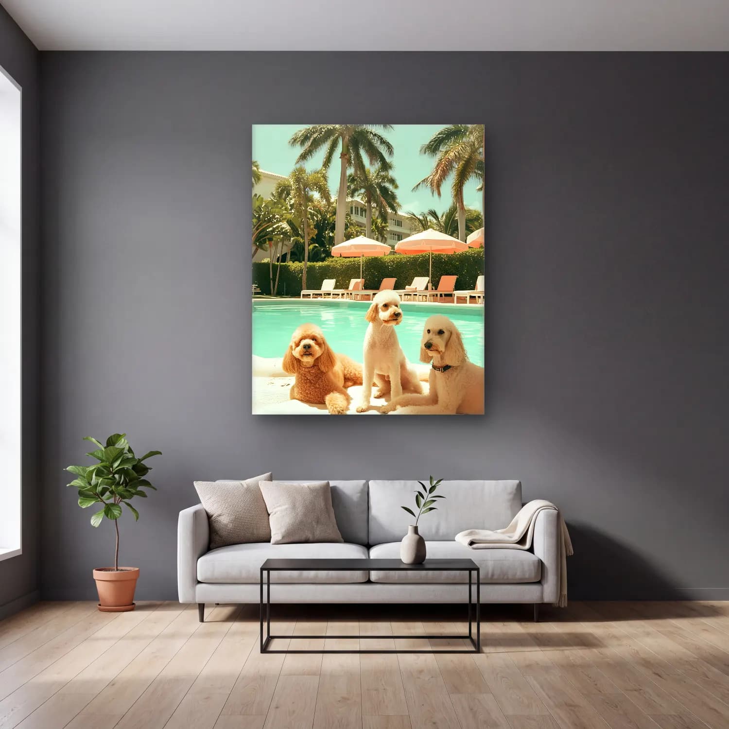 Pastel Köpek No. 3 cam tablo — gri duvarlı salonda