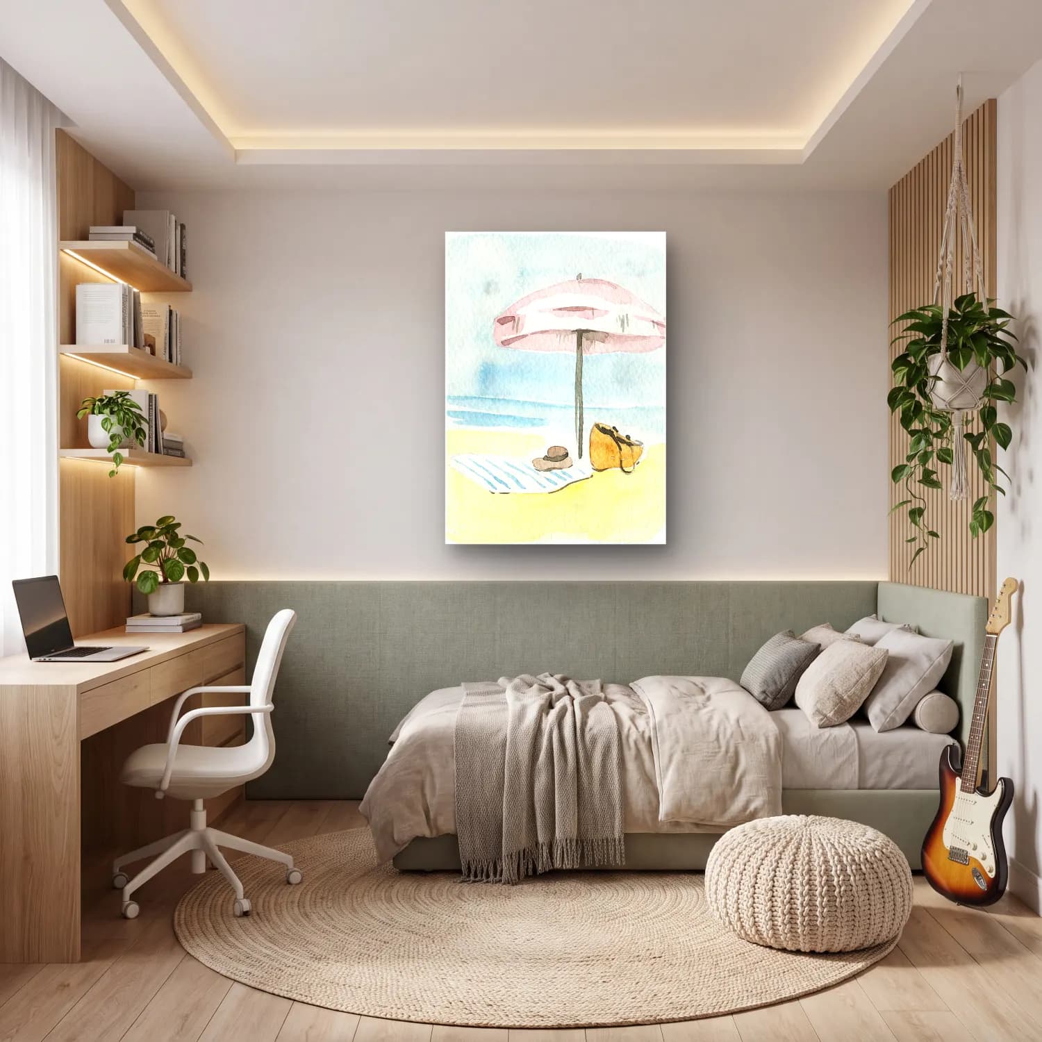 Suluboya Plaj Şemsiyeleri – Pastel Tonlar cam tablo — genç odasında