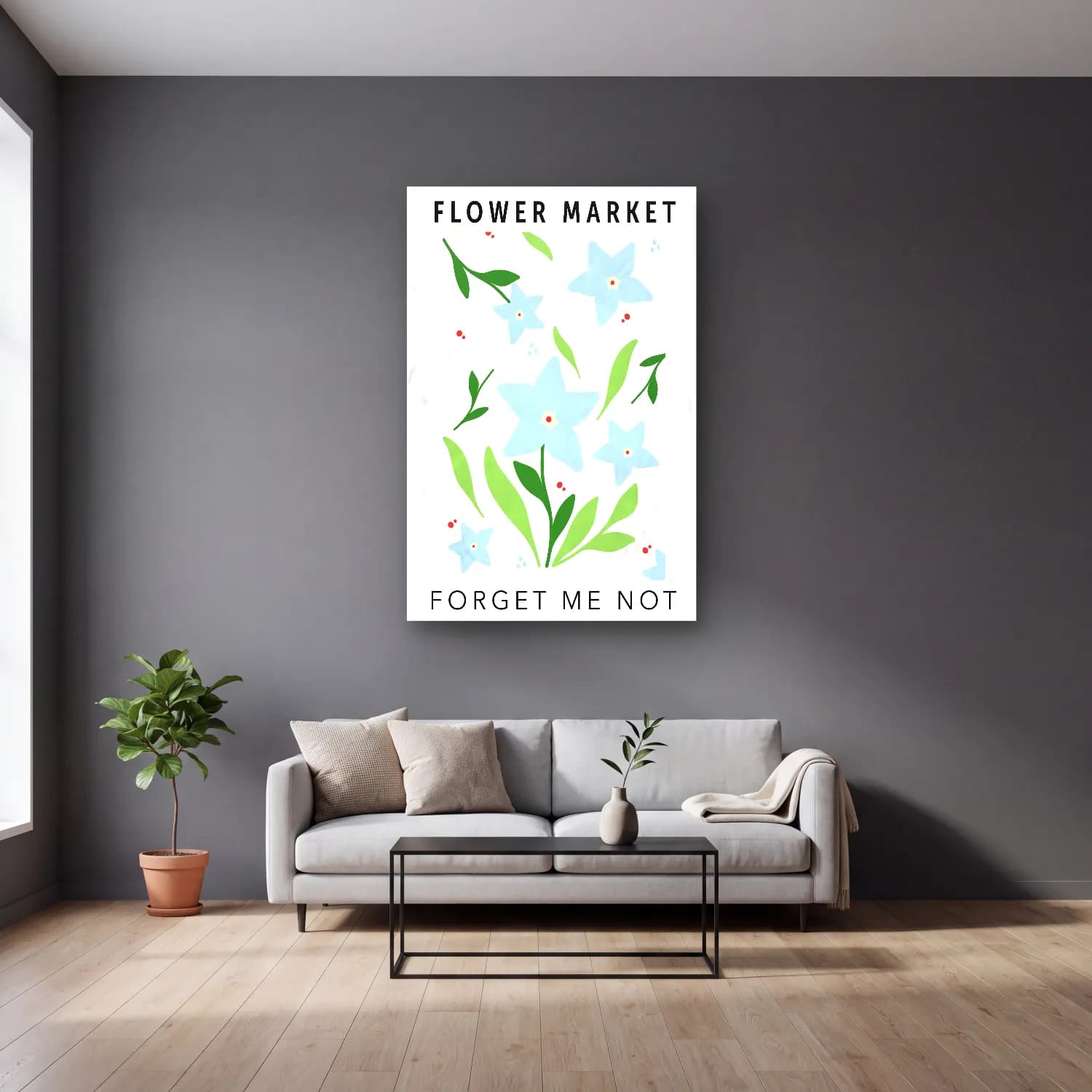 Pastel Çiçek Deseni No. 20 cam tablo — gri duvarlı salonda