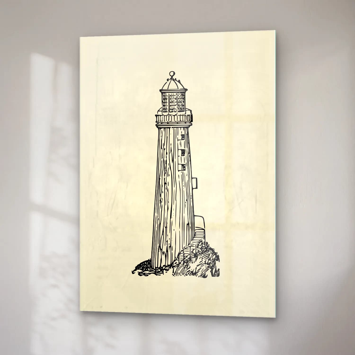 Vintage Deniz Feneri – Siyah Beyaz Tonlar cam tablo — sağ açıdan görünüm