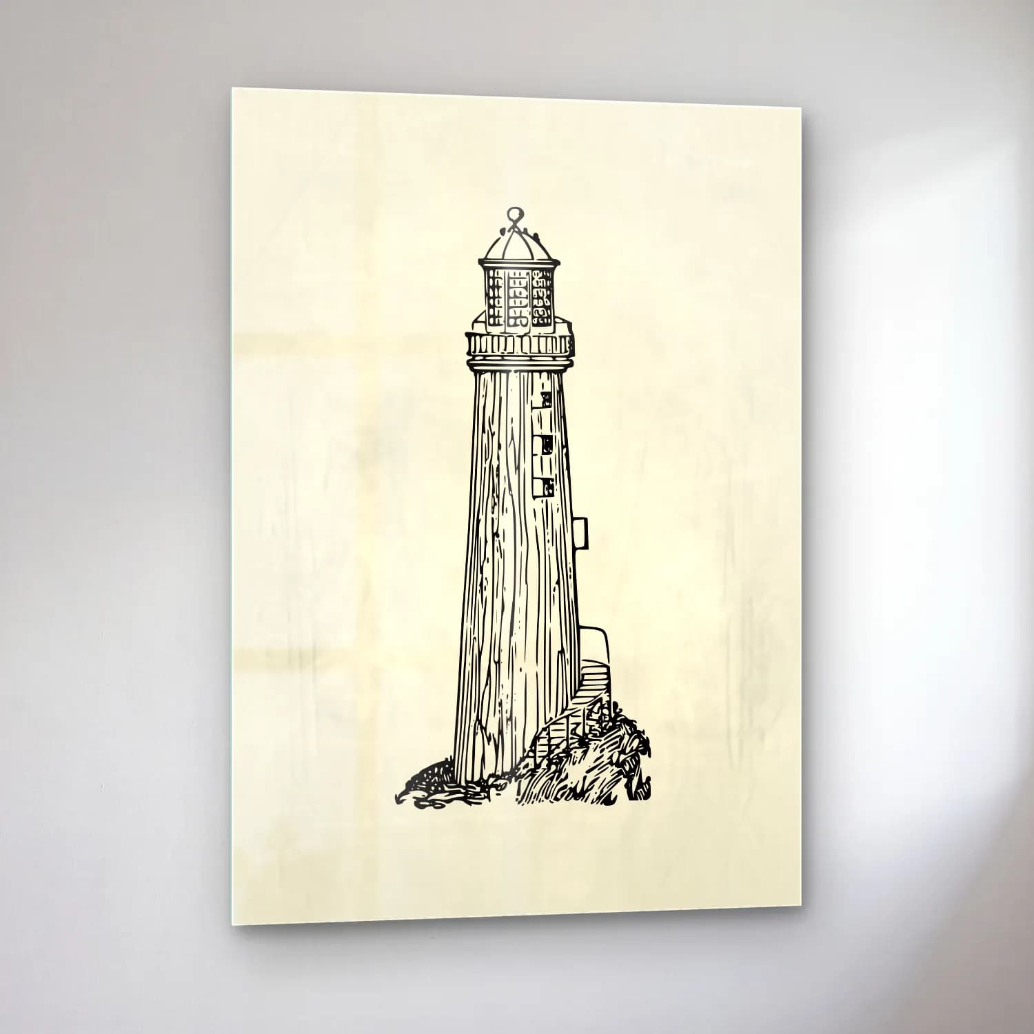 Vintage Deniz Feneri – Siyah Beyaz Tonlar cam tablo — sol açıdan görünüm