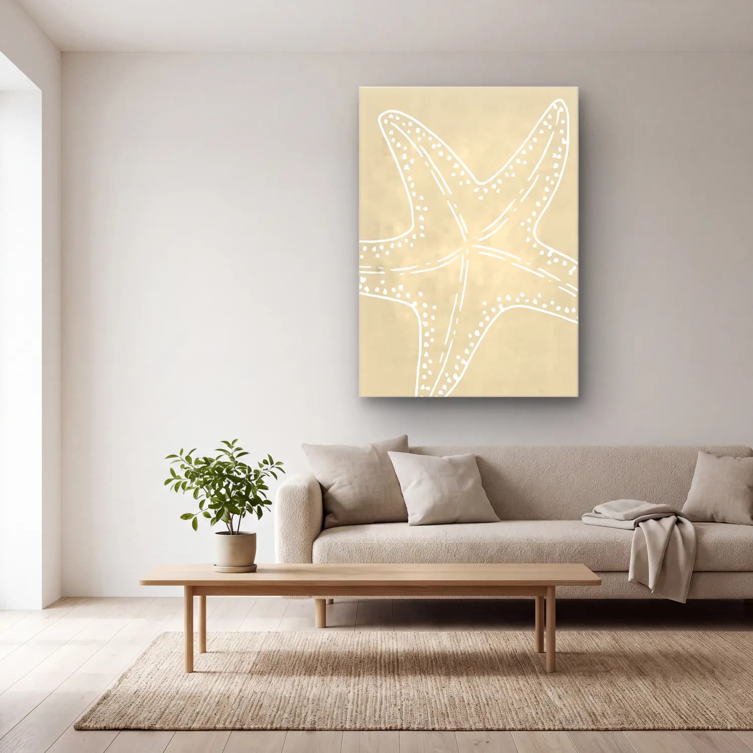 Çizgi Sanatı Deniz Kabukları No. 5 cam tablo — açık renk salonda